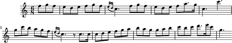 
\version "2.18.2"
\header {
  tagline = ##f
}

\score {
  \new Staff \with {

  }

%acciaccaturaed = { \tag #'print \acciaccatura { e16( d } c4.) \tag #'midi { e8 d } c4.) }

<<
  \relative c'' {
    \key c \major
    \time 6/8
    \override TupletBracket #'bracket-visibility = ##f
    \set Staff.midiInstrument = #"recorder"

     %%% Pep Ventura, Per tú ploro (prélude)
     \partial 4.
     f8 g f e d e f g f \acciaccatura { e16( d } c4.)  f8 g f e d e f a8. g16 | c,4. c' | g8 c b a g f | \acciaccatura { e16( d } c4.) r8 c8. c16 | c8 d e f g a b a g g a b | c b c d8. e16 c8 g4.

  }
>>
  \layout {
     \context { \Score \remove "Metronome_mark_engraver" }
  }
  \midi { \tempo 8 = 220 }
}
