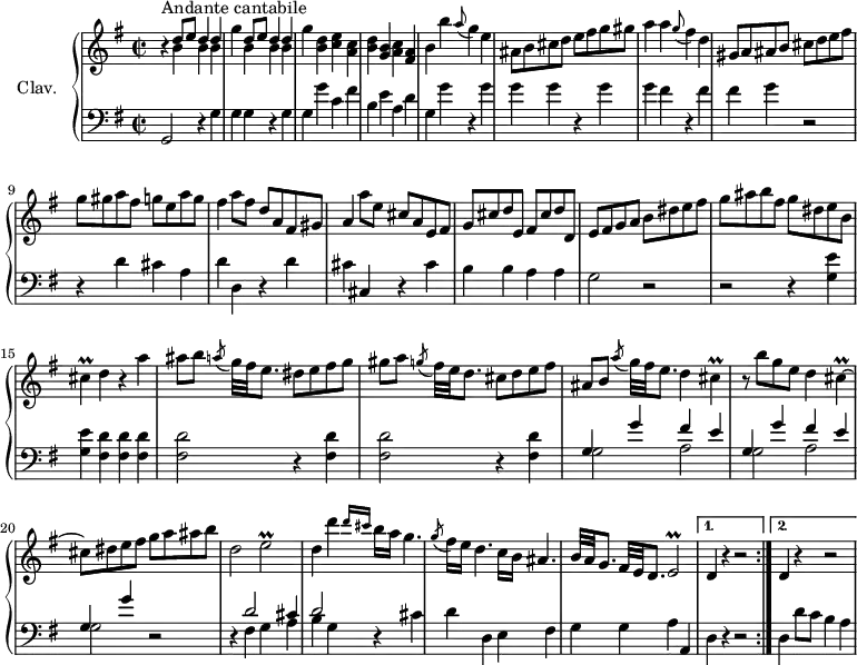 
\version "2.18.2"
\header {
  tagline = ##f
  % composer = "Domenico Scarlatti"
  % opus = "K. 304"
  % meter = "Andante cantabile"
}

%% les petites notes
trillCis      = { \tag #'print { cis4\prall~ } \tag #'midi { d32 cis d cis~ cis8~ } }
trillEb       = { \tag #'print { e2\prall } \tag #'midi { fis32 e fis e~ e8~ e4 } }

upper = \relative c'' {
  \clef treble 
  \key g \major
  \time 2/2
  \tempo 2 = 58
  \set Staff.midiInstrument = #"harpsichord"
  \override TupletBracket.bracket-visibility = ##f

  \repeat volta 2 {
      s8*0^\markup{Andante cantabile}
      r4 \repeat unfold 2 { << { d8 e d4 d | s4 } \\ { b4 b b | g' } >> } < b, d >4 < c e > < a c > | < b d > < g b > < a c > < fis a > | b b' \appoggiatura a8 g4 e |
      % ms. 6
      ais,8 b cis d e fis g gis | a4 a \appoggiatura g8 fis4 d | gis,8 a ais b cis d e fis | g gis a fis g e a g |
      % ms. 10
      fis4 a8 fis d a fis gis | a4 a'8 e cis a e fis | g cis d e, fis cis' d d, | e fis g a b dis e  fis | 
      % ms. 14
      g ais b fis g dis e b | \trillCis d4 r4 a'4 | ais8 b \acciaccatura  a8 g32 fis e8. dis8 e fis g | gis a \acciaccatura  g8 fis32 e d8. cis8 d e fis |
      % ms. 18
      ais,8 b \acciaccatura  a'8 g32 fis e8. d4 \trillCis | r8 b'8 g e d4 \trillCis | cis8 dis e fis g a ais b | d,2 \trillEb
      % ms. 22
      d4 d' \grace {   \tempo 2 = 25 d16 cis }   \tempo 2 = 58 b16 a g4. | \acciaccatura  g8 fis16 e d4. c16 b ais4. | b32 a g8. fis32 e d8. \trillEb   }%reprise
   \alternative {
       { d4 r4 r2 }
       { d4 r4 r2 }
    }
}

lower = \relative c' {
  \clef bass
  \key g \major
  \time 2/2
  \set Staff.midiInstrument = #"harpsichord"
  \override TupletBracket.bracket-visibility = ##f

  \repeat volta 2 {
    % ************************************** \appoggiatura a16  \repeat unfold 2 {  } \times 2/3 { }   \omit TupletNumber 
      g,2 r4 g'4 | g g r4 g g g' c, fis | b, e a, d | g, g' r4 g |
      % ms. 6
      g4 g r4 g | g fis r4 fis | fis g r2 | r4 d4 cis a |
      % ms. 10
      d4 d, r4 d' | cis cis, r4 cis' | b b a a | g2 r2 |
      % ms. 14
      r2 r4 < g e' >4 | q < fis d' > q q | q2 r4 q4 | < fis d' >2 r4 q4 |
      % ms. 18
      << { \repeat unfold 2 { g4 g' fis e } | g, g' } \\ { g,2 a | g a | g } >> r2 | r4 << { d'2 cis4 } \\ { fis,4 g a  } >>
      % ms. 22
      << { d2 } \\ { b4 g } >> r4 cis4 | d d, e fis | g g a a,
    }%reprise
   \alternative {
       { d4 r4 r2 }
       { d4 d'8 c b4 a }
}

}

thePianoStaff = \new PianoStaff <<
    \set PianoStaff.instrumentName = #"Clav."
    \new Staff = "upper" \upper
    \new Staff = "lower" \lower
  >>

\score {
  \keepWithTag #'print \thePianoStaff
  \layout {
      #(layout-set-staff-size 17)
    \context {
      \Score
     \override SpacingSpanner.common-shortest-duration = #(ly:make-moment 1/2)
      \remove "Metronome_mark_engraver"
    }
  }
}

\score {
  \unfoldRepeats
  \keepWithTag #'midi \thePianoStaff
  \midi { }
}

