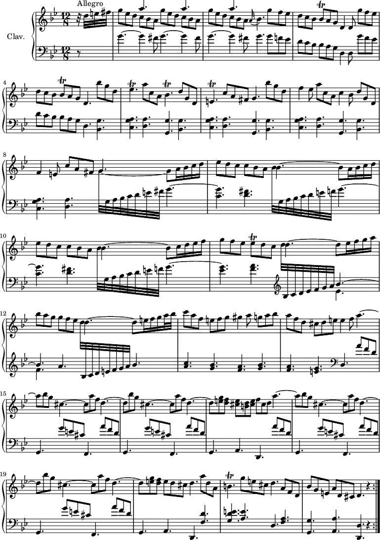 
\version "2.18.2"
\header {
  tagline = ##f
}

%% les petites notes
trillBesq     = { \tag #'print { bes8\trill } \tag #'midi { \times 2/3 { bes16 c bes } } }
trillEesp     = { \tag #'print { ees4.\trill } \tag #'midi { \times 2/3 { f16 ees f } ees4 } }
trillBesp     = { \tag #'print { bes4.\trill } \tag #'midi { \times 2/3 { c16 bes c } bes4 } }
trillEp       = { \tag #'print { e4.\trill } \tag #'midi { \times 2/3 { f16 e f } e4 } }
trillBp       = { \tag #'print { b4.\trill } \tag #'midi { \times 2/3 { c16 b c } b4 } }

upper = \relative c'' {
  \clef treble 
  \key g \minor
  \time 12/8
  \tempo 4. = 112
  \set Staff.midiInstrument = #"harpsichord"
  \override TupletBracket.bracket-visibility = ##f

\repeat volta 2 {
      \partial 8
      s8*0^\markup{Allegro}
      r32 d32 e fis | \repeat unfold 3 { << { s4. a4. } \\ { g8 ees d c[ bes a] } >> } \appoggiatura a32 bes4. g'8 f ees |
      % ms. 3
      d8 c bes \trillBesq a g d4 d8 g'8 f ees | d c bes \trillBesq a g d4. bes''8 g d | \trillEesp a8 c, a \trillBesp d8 g, d |
      % ms. 6
      \trillEp c'8 a fis g4. bes'8 g d | f4 ees8 a8 c, a c4 bes8 d8 g, d | f4 e8 c' a fis \mergeDifferentlyDottedOn  g4.~ g8 a16 bes c d |
      % ms. 9
      ees8 d c c bes a bes4.~ bes8 a16 bes c d | ees8 d c  c bes a  bes4.~ bes8 c16 d ees f |
      % ms. 11
      g8 f ees ees8\trill d8 c d4.~ d8 ees16 f g a | bes8 a g g f ees d4.~ d8 e16 f g a32 bes |
      % ms. 13
      c8 a f e f g gis4 a8 g a bes | a f d cis d e e4 f8 a4.~ | a8 \repeat unfold 2 { bes g cis,4.~ cis8 a' f d4.~ |
      % ms. 16
      d8 } < e g > < d f > < cis e > < b d > < cis e > f cis d a'4.~ a8 \repeat unfold 2 { bes8 g cis,4.~ cis8 a' f d4.~ |
      % ms. 19
      d8 } < e g >8 < d f > e d cis d4. a'8 d, a | \trillBp g'8 e cis d4. a8 f d |
      % ms. 22
       bes' g e  a d, cis d4. r4  
}% reprise

}

lower = \relative c' {
  \clef bass
  \key g \minor
  \time 12/8
  \set Staff.midiInstrument = #"harpsichord"
  \override TupletBracket.bracket-visibility = ##f

\repeat volta 2 {
    % **************************************
      r8 | \repeat unfold 3 { g'4.~ g4 fis8 } | g4. g8 f ees |
      % ms. 3
      d8 c bes bes a g  d4 d8  g'8 f ees | d8 c bes bes a g | d4. < bes g' > | \repeat unfold 3 { < c g' a > < d a' > < g, g' > < bes g' > } |
      % ms. 8
      < c g' a >4. < d a' >     \stemDown \change Staff = "upper"   \omit TupletNumber \times 12/8 { g'32 \change Staff = "lower" g, a bes c d e fis } g4.~ 
      % ms. 9
      \repeat unfold 2 { < c, g' >4. < d fis >   \stemDown \change Staff = "upper"  \times 12/8 { bes'32 \change Staff = "lower" g, a bes c d e f } g4.~ }
      % ms. 11
      < ees g >4. < f a > \stemDown \change Staff = "upper"   \omit TupletNumber \times 12/8 { d'32  \stemUp \change Staff = "lower" \clef treble bes, c d ees f g a } << { bes4.~ | bes a } \\ { ees4. f } >> \stemDown \change Staff = "upper"   \omit TupletNumber \times 12/8 { d'32 \stemUp \change Staff = "lower" \clef treble bes, c d e f g a } bes4.
      % ms. 13
      < a c >4. < g bes > < f a > < g bes > | < f a > < e g >   \clef bass d,4. a''8 f d | \repeat unfold 2 { g,,4. g''8 e cis f,,4. a''8 f d } |
      % ms. 17
      g,,4. a d, a'''8 f d | \repeat unfold 2 { g,,4. g''8 e cis f,,4. a''8 f d } | g,,4. a d, < f' d' >4. | < g d' e > < a e' > d, < f a >
      % ms. 22
      < g, g' >4. < a a' > < d, d' > r4 | % comment interrompre ce flot de beauté avant la fin ?
} %reprise
}

thePianoStaff = \new PianoStaff <<
    \set PianoStaff.instrumentName = #"Clav."
    \new Staff = "upper" \upper
    \new Staff = "lower" \lower
  >>

\score {
  \keepWithTag #'print \thePianoStaff
  \layout {
      #(layout-set-staff-size 17)
    \context {
      \Score
     \override SpacingSpanner.common-shortest-duration = #(ly:make-moment 1/2)
      \remove "Metronome_mark_engraver"
    }
  }
}

\score {
  \unfoldRepeats
  \keepWithTag #'midi \thePianoStaff
  \midi { }
}
