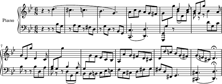 
\version "2.14.2"
\header {
  tagline = ##f
}
upper = \relative c'' {
  \clef treble 
  \key bes \major
  \time 6/8
  \tempo 4 = 172
  \tempo "Presto"
  %\autoBeamOff

  r4 r8 d4.( cis c! bes g) | 
 %%% mesure 4
  a8 c bes a g fis | g \change Staff = "lower" g, \change Staff = "upper" g'' 
 %%% fin de la mesure 5, début 6
  << { d4 c8 bes8 g g' } \\ { bes,(d,) a' g r8 r8 } >> 
  bes4 a8 | 
 %%% mesure 7
  g d g' d,4 c8 |
 %%% mesure 8
  \change Staff = "lower" bes g \change Staff = "upper" g'' s4.
  %%% \change Staff = "lower" bes,,4 a8 |
  %%% mesure 9
  \change Staff = "lower" g,,8 \change Staff = "upper" g' f ees c bes | a a' g fis d cis | d d' c! bes g( fis) |
  g( e! cis) d4.\fermata

}

lower = \relative c {
  \clef bass
  \key bes \major
  \time 6/8
    
   r4 r8 r8 bes' g r8 a g r8 fis d | r8 g d r8 bes g | < c c, >4.( < d d, >) | < g, g, >4 r8 
   %%%% \change Staff = "upper"  \change Staff = "lower" 
   s4. s4. d''8 g, c bes r8 r8 bes8 d, a' | 
   %%% mesure 8
   g r8 r8 << { bes4 a8 } \\ { d,( g, c) } >>
   %%% mesure 9 
   << { s4. } \\ { bes8-\! bes b! } >> c ees e! f c cis d fis g fis d fis, g4. | < cis cis, >4.( < d d, >)\fermata
   
}

\score {
  \new PianoStaff <<
    \set PianoStaff.instrumentName = #"Piano"
    \new Staff = "upper" \upper
    \new Staff = "lower" \lower
  >>
  \layout {
    \context {
      \Score
      \remove "Metronome_mark_engraver"
    }
  }
  \midi { }
}
