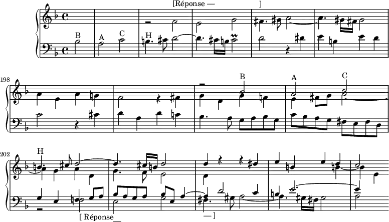 
\version "2.18.2"
\header {
  tagline = ##f
}

PrallcisB = { \tag #'print { cis2\prall } \tag #'midi { d16 cis d cis d cis b cis } }

upper = \relative c' {
  \clef treble 
  \key d \minor
  \time 4/4
  \tempo 4 = 110
  \set Score.currentBarNumber = #193
  %\autoBeamOff 
   \set Staff.midiInstrument = #"harpsichord"

   %% BWV Contrepoint XIX à trois sujets, entrée de BACH
   << { s1*7 s2 r2 bes'2^\markup{B} a^\markup{A} c^\markup{C} b!4.^\markup{H} cis8 d2~ d4. cis16 b! d2 d4 r4 r4 dis4 e b! e d c2 } \\ { s1 s2 r2 f,2^\markup{[Réponse —} e g fis4.^\markup{ ]} gis8 a2~ a4. gis16 fis gis2 a4 e a g! f2 r4 fis4 g d g f! e fis8 g a2~ a4 g a d, g4. f8 e2 d4 s4 s2 s2 s4 b'!4~ b e, } >>

}

lower = \relative c' {
  \clef bass
  \key d \minor
  \time 4/4
   \set Staff.midiInstrument = #"harpsichord"

   \partial 2
   bes2^\markup{B} a^\markup{A} c^\markup{C} b!4.^\markup{H} cis8 d2~ d4. cis16 b! \PrallcisB d2 r4 dis4 e b! e d c2 r4 cis4 d a d c! bes4. a8 g a bes g c bes a g fis e fis d
   << { g4 e f! g8 a bes8 a g a bes e, a4~ a d2 c4 b! e2.~ e4 } \\ { r2 f,2_\markup{[ Réponse} e_\markup{ — } g fis4._\markup{ — ]} gis8 a2~ a4. gis16 fis gis2 a2 } >>

}

 thePianoStaff = \new PianoStaff <<
    \new Staff = "upper" \upper
    \new Staff = "lower" \lower
    >>
\score {
  \keepWithTag #'print \thePianoStaff
  \layout {
    \context {
      \Score
      \remove "Metronome_mark_engraver"
      %\override SpacingSpanner.common-shortest-duration = #(ly:make-moment 1/2) 
    }
  }
}

\score {
  \keepWithTag #'midi \thePianoStaff
  \midi { }
}

