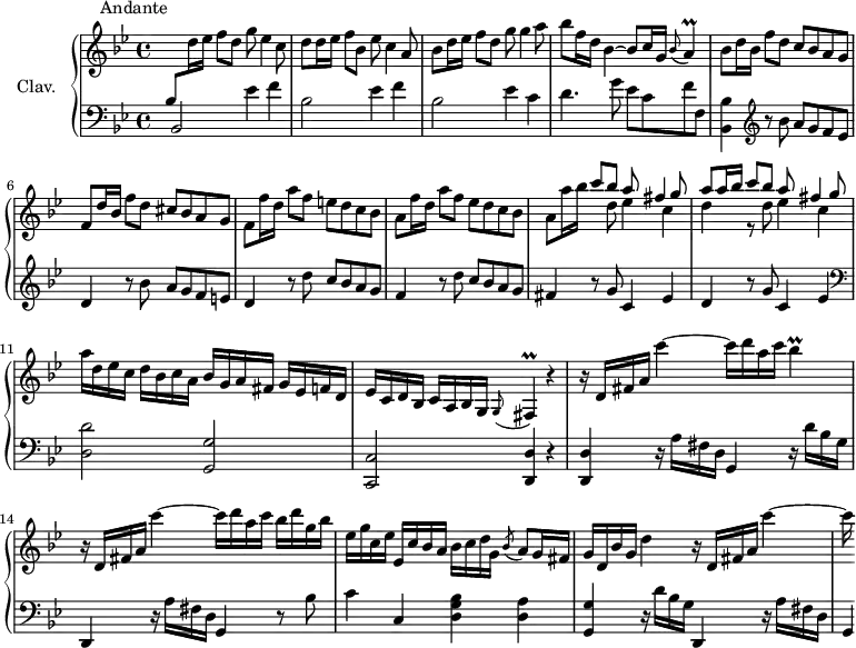 
\version "2.18.2"
\header {
  tagline = ##f
  % composer = "Domenico Scarlatti"
  % opus = "K. 266"
  % meter = "Andante"
}

  \header {
    piece = "                  Andante"
  }

%% les petites notes
trillA        = { \tag #'print { a4\prall } \tag #'midi { bes32 a bes a~ a8} }
trillFis      = { \tag #'print { \appoggiatura g8 fis4\prall } \tag #'midi { g32 fis g fis~ fis8 } }
trillBes      = { \tag #'print { bes4\prall } \tag #'midi { c32 bes c bes~ bes8} }
 
upper = \relative c'' {
  \clef treble 
  \key bes \major
  \time 4/4
  \tempo 4 = 82
  \set Staff.midiInstrument = #"harpsichord"
  \override TupletBracket.bracket-visibility = ##f

      %s8*0^\markup{Andante}
      \stemUp  \change Staff = "lower" bes,8  \stemNeutral  \change Staff = "upper" d'16 ees f8 d g ees4 c8 | d8 d16 ees f8 bes, ees c4 a8 | bes8 d16 ees f8 d g8 g4 a8 |
      % ms. 4
      bes8 f16 d bes4~ bes8 c16 g \appoggiatura bes8 \trillA | bes8 d16 bes f'8 d c bes a g | f d'16 bes f'8 d cis bes a g |
      % ms. 7
      f8 f'16 d a'8 f e d c bes | a8 f'16 d a'8 f ees d c bes | a8 a'16 bes << { c8 bes a fis4 g8 | a8 a16 bes c8 bes a fis4 g8 } \\ { s8 d8 ees4 c | d r8 d8 ees4 c } >>
      % ms. 11
      a'16 d, ees c d bes c a bes g a fis g ees f d | ees c d bes c a bes g \trillFis r4 |
      % ms. 13
      r16 d'16 fis a c'4~ c16 d a c \trillBes | r16 d,,16 fis a c'4~ c16 d a c bes d g, bes |
      % ms. 15
      ees,16 g c, ees ees, c' bes a bes c d g, \acciaccatura bes8 a8 g16 fis | g d bes' g d'4 r16 d,16 fis a c'4~ |
      % ms. 17
      c16
      % ms. 19
      
      % ms. 21
      

}

lower = \relative c' {
  \clef bass
  \key bes \major
  \time 4/4
  \set Staff.midiInstrument = #"harpsichord"
  \override TupletBracket.bracket-visibility = ##f

    % ************************************** \appoggiatura a16  \repeat unfold 2 {  } \times 2/3 { }   \omit TupletNumber 
      \shiftOn bes,2 ees'4 f | bes,2 ees4 f | bes,2 ees4 c |
      % ms. 4
      d4. g8 ees c f f, | < bes, bes' >4   \clef treble  r8 bes''8 a g f ees | d4 r8 bes'8 a g f e |
      % ms. 7
      d4 r8 d'8 c bes a g | f4 r8 d'8 c bes a g | fis4 r8 g8 c,4 ees |
      % ms. 10
      d4 r8 g8 c,4 ees | \clef bass  < d, d' >2 < g, g' > < c, c' > < d d' >4 r4 |
      % ms. 13
      < d d' >4 r16 a''16 fis d g,4 r16 d''16 bes g  | d,4 r16 a''16 fis d g,4 r8 bes'8 |
      % ms. 15
      c4 c, < d g bes >4 < d a' > | < g, g' > r16 d''16 bes g d,4 r16 a''16 fis d |
      % ms. 17
      g,4*1/4
      % ms. 19
      
      % ms. 21
      

}

thePianoStaff = \new PianoStaff <<
    \set PianoStaff.instrumentName = #"Clav."
    \new Staff = "upper" \upper
    \new Staff = "lower" \lower
  >>

\score {
  \keepWithTag #'print \thePianoStaff
  \layout {
      #(layout-set-staff-size 17)
    \context {
      \Score
     \override SpacingSpanner.common-shortest-duration = #(ly:make-moment 1/2)
      \remove "Metronome_mark_engraver"
    }
  }
}

\score {
  \keepWithTag #'midi \thePianoStaff
  \midi { }
}
