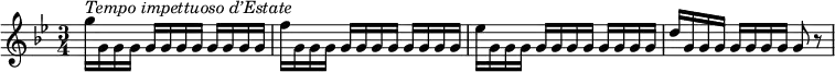 \version "2.18.2"
\header {
tagline = ##f
}
\score {
<<
\relative c'' {
\tempo "Presto"
\key g \minor
\time 3/4
g'16^\markup { \italic "Tempo impettuoso d’Estate" } g, \repeat unfold 10 { g } | f' g, \repeat unfold 10 { g } |
es' g, \repeat unfold 10 { g } | d' g, \repeat unfold 6 { g } g8 r8 |
}
>>
\layout {
indent = #0
#(layout-set-staff-size 18)
\override SpacingSpanner.common-shortest-duration = #(ly:make-moment 1/2)
\context { \Score \remove "Metronome_mark_engraver" }
}
\midi { }
}