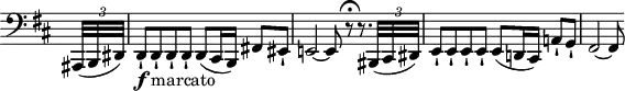 
\version "2.18.2"
\header {
  tagline = ##f
}

\score {
  \new Staff \with {

  }
<<
  \relative c {
    \clef bass
    \key b \minor
    \time 4/4
    \tempo 4 = 92
    \override TupletBracket #'bracket-visibility = ##f 
    \omit Staff.TimeSignature
    \set Score.currentBarNumber = #16
    \bar ""

     %%%%% thème méphistophélique
     \partial 16
     \times 2/3 { ais,32[( b dis)] } d8-!-\f d-!_\markup{marcato} d-! d-! d( cis16 b) fis'!8 eis-! e!2~ e8 r8\fermata r8.
     \times 2/3 { bis32[( cis dis)] } e8-! e-! e-! e-! e( d!16 cis) a'!8-! g-! | fis2~ fis8

  }
>>
  \layout {
      #(layout-set-staff-size 17)
     \context { \Score \remove "Metronome_mark_engraver"
     \override SpacingSpanner.common-shortest-duration = #(ly:make-moment 1/2)
     }
  }
  \midi {}
}
