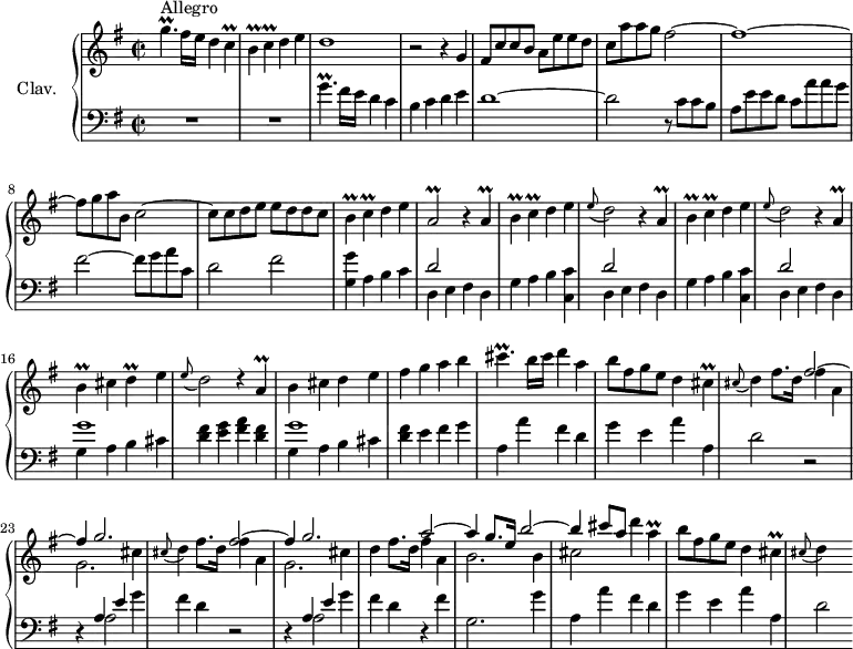 
\version "2.18.2"
\header {
  tagline = ##f
  % composer = "Domenico Scarlatti"
  % opus = "K. 493"
  % meter = "Allegro"
}

%% les petites notes
trillGpUp    = { \tag #'print { g'4.\prall } \tag #'midi { \times 2/3 { a16 g a } g4 } }
trillCp      = { \tag #'print { c4\prall } \tag #'midi { \times 2/3 { d16 c d } c8 } }
trillBp      = { \tag #'print { b4\prall } \tag #'midi { \times 2/3 { c16 b c } b8 } }
trillAbDown  = { \tag #'print { a,2\prall } \tag #'midi { \times 2/3 { b16 a b } a4. } }
trillA       = { \tag #'print { a4\prall } \tag #'midi { \times 2/3 { b16 a b } a8 } }
trillDp      = { \tag #'print { d4\prall } \tag #'midi { \times 2/3 { e16 d e } d8 } }
trillCisp    = { \tag #'print { cis4.\prall } \tag #'midi { \times 2/3 { d16 cis d } cis4 } }
trillCis     = { \tag #'print { cis4\prall } \tag #'midi { \times 2/3 { d16 cis d } cis8 } }

upper = \relative c'' {
  \clef treble 
  \key g \major
  \time 2/2
  \tempo 2 = 72

      s8*0^\markup{Allegro}
      \trillGpUp fis16 e d4 \trillCp | \trillBp \trillCp d4 e | d1 | r2 r4 g,4 | fis8 c' c b a e' e d |
      % ms. 6
      c8 a' a g fis2~ | fis1~ | fis8 g a b, c2~ | c8 c d e e d d c | \trillBp \trillCp d4 e | 
      % ms. 11
      \trillAbDown \repeat unfold 2 { r4 \trillA | \trillBp \trillCp d4 e | \appoggiatura e8 d2 } r4 \trillA |  \trillBp cis4 \trillDp e4 | 
      % ms. 17
      \appoggiatura e8 d2 d4\rest \trillA | b4 cis d e | fis g a b | \trillCisp b16 cis d4 a | b8 fis g e d4 \trillCis | \repeat unfold 2 { \appoggiatura cis8 d4 fis8. d16 
      % ms. 22 fin…
      << { fis2~ | fis4 g2. } 
       \\ { fis4 a, | g2. cis4  } >> } | d4 fis8. d16 
      << { a'2~ | a4 g8. e16 b'2~ | b4 cis8 a } 
       \\ { fis4 a, | b2. b4 | cis2 } >>
      % ms. 28 suite…
      d'4 \trillA  | b8 fis g e d4 \trillCis | \appoggiatura cis8 d4 s4
      % ms. 33
      
      % ms. 38
      
      % ms. 43
      

}

lower = \relative c' {
  \clef bass
  \key g \major
  \time 2/2

    % ************************************** \appoggiatura a16  \repeat unfold 2 {  } \times 2/3 { }   \omit TupletNumber 
      R1*2 | \trillGpUp fis16 e d4 c | b c d e | d1~ |
      % ms. 6
      d2 r8 c c b | a e' e d c a' a g | fis2~ fis8 g a c, | d2 fis | < g, g' >4 a b c | 
      % ms. 11
      << { d2 } \\ { d,4 e fis d } >> | \repeat unfold 2 {  g4 a b < c, c' > << { d'2 } \\ { d,4 e fis d } >> } | << { g'1 } \\ { g,4 a b cis } >> |
      % ms. 17
      < d fis >4 < e g > < fis a > < d fis > | << { g1 } \\ { g,4 a b cis } >> | < d fis >4 e fis g | a, a' fis d | g e a a, | d2 r2 |
      % ms. 23
      r4 << { a4 e' } \\ { a,2 } >> g'4 | fis d r2 | r4 << { a4 e' } \\ { a,2 } >> g'4 | fis d r4 fis4 | g,2. g'4 |
      % ms. 28
      a,4 a' fis d | g e a a, | d2 % r2 | r4 
      % ms. 33
      
      % ms. 38
      
      % ms. 43
      

}

thePianoStaff = \new PianoStaff <<
    \set PianoStaff.instrumentName = #"Clav."
    \new Staff = "upper" \upper
    \new Staff = "lower" \lower
  >>

\score {
  \keepWithTag #'print \thePianoStaff
  \layout {
      #(layout-set-staff-size 17)
    \context {
      \Score
     \override TupletBracket.bracket-visibility = ##f
     \override SpacingSpanner.common-shortest-duration = #(ly:make-moment 1/2)
      \remove "Metronome_mark_engraver"
    }
  }
}

\score {
  \keepWithTag #'midi \thePianoStaff
  \midi { \set Staff.midiInstrument = #"harpsichord" }
}
