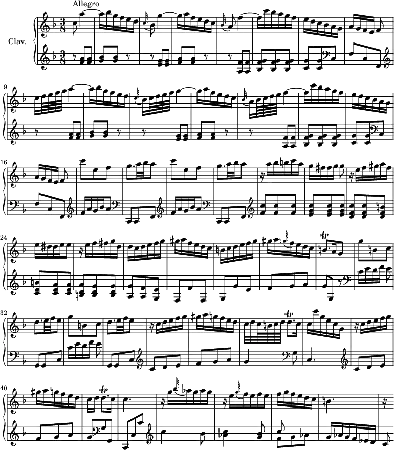  
\version "2.18.2"
\header {
  tagline = ##f
}

%% les petites notes
trillBqp = { \tag #'print { b8.\trill } \tag #'midi { c32 b c b~ b16 } }
trillDqp = { \tag #'print { d8.\trill } \tag #'midi { e32 d e d~ d16 } }

upper = \relative c'' {
  \clef treble 
  \key f \major
  \time 3/8
  \tempo 4. = 60
  \set Staff.midiInstrument = #"harpsichord"
  \override TupletBracket.bracket-visibility = ##f

      s8*0^\markup{Allegro}
      c8 a'4~ | a16 bes g f e d | \appoggiatura c32 bes8 g'4~ g16 a f e d c | \appoggiatura bes32 a8 f'4~ | f16 c' bes a g f | e d c bes a g |
      % ms. 8
      a16[ g f e] f8 | c'16 d64 e f g a4~ | a16 bes g f e d | \appoggiatura c32 bes16 c64 d e f g4~ | g16 a f e d c | \appoggiatura bes32 a16 bes64 c d e f4~ | f16 c' bes a g f |
      % ms. 15
      e16 d c bes a g | a[ g f e]   \tempo 4. = 25 f8 |   \tempo 4. = 60 \repeat unfold 2 { c''8 e, f | g8. a32 bes a8 } | r16 a16 bes b c a |
      % ms. 22
      g16[ fis fis g] g8 | r16 e16 f gis a f | e dis dis e e8 | r16 e f fis g d | d c d e f g | gis a f e d c | b c d e f g |
      % ms. 29
      gis16 a \appoggiatura g32 f16 e d c | \trillBqp a16   \tempo 4. = 25 g8 |   \tempo 4. = 60 \repeat unfold 2 { g' b, c | d8. e32 f e8 } | r16 c16 d e f g |
      % ms. 36
      gis16 a g f e d | c32[ d c64 b c d] \trillDqp c16 | c16 c' g e c g | r16 c16 d e f g | gis16 a g f e d | c[ d] \trillDqp c16 | c4. |
      % ms. 43
      r16 g'16 \appoggiatura bes32 aes16 g aes g | r16 e \appoggiatura g32 f16 e f e | f g f e d c | b4. | r16  s16 % g16

}

lower = \relative c' {
  \clef bass
  \key f \major
  \time 3/8
  \set Staff.midiInstrument = #"harpsichord"
  \override TupletBracket.bracket-visibility = ##f

    % ************************************** \appoggiatura \repeat unfold 2 {  } \times 2/3 { }
      \repeat unfold 2 {  \clef treble r8 < f a >8 q | < g bes > q  r8 | r8 < e g >8 q | < f a > q r8 | r8 < a, f' >8 q | < bes f' g >8 q q | < c g' > q   \clef bass c,8 | f c f, } | 
      % ms. 17
      \repeat unfold 2 { \clef treble f''16 a g bes a8 | \clef bass  c,,,8 c f } | \clef treble < f'' c' >8 q q |
      % ms. 22
      < e g c >8 q q | < d f c' > q < d f b > | < c e b' > < c e a > q | < b d a' > < b d g > q | < a g' > < a f' > < g e' > f f' f, | g g' e |
      % ms. 29
      f8 g a | g g, r8 | \clef bass \repeat unfold 2 { c16[ e d f] e8 | g,,8 g c } | \clef treble c'8 d e |
      % ms. 36
      f8 g a | g4 \clef bass g,8 | c,4. |  \clef treble c'8 d e | f g a | g \clef bass g,8 g, | c, c' \tempo 4. = 25 c' | \tempo 4. = 60 \clef treble
      % ms. 43
      c'4 bes8 | < aes c >4 < g bes >8 << { c8 } \\ { f,8 g aes } >> g16 aes g f ees d | c8 

}

thePianoStaff = \new PianoStaff <<
    \set PianoStaff.instrumentName = #"Clav."
    \new Staff = "upper" \upper
    \new Staff = "lower" \lower
  >>

\score {
  \keepWithTag #'print \thePianoStaff
  \layout {
      #(layout-set-staff-size 17)
    \context {
      \Score
     \override SpacingSpanner.common-shortest-duration = #(ly:make-moment 1/2)
      \remove "Metronome_mark_engraver"
    }
  }
}

\score {
  \keepWithTag #'midi \thePianoStaff
  \midi { }
}
