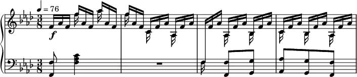 
\version "2.18.2"
\header {
  tagline = ##f
}
upper = \relative c' {
  \clef treble 
  \key f \minor
  \time 3/8
  \tempo 4 = 76
  %\autoBeamOff
  \override TupletBracket.bracket-visibility = ##f

   %%Cramer — Étude 25 (pdf p. )
   
    << { \omit TupletNumber \tuplet 3/2 { f16[ aes f]  f'[ aes, f] aes'[ aes, f] | f'[ aes, f] c[ f aes] aes,[ f' aes] \change Staff = "lower" f,16[ \change Staff = "upper" f' aes] aes,[ f' aes] bes,[ f' aes] c,[ f aes] bes,[ f' aes] aes,[ f' aes] } 
       } \\ 
       { s16\f s16 f'16 s16 aes16 s16 f16 s16 c,16 s16 aes s16 s16 s16 aes16 s16 bes s16 c s16 bes s16 aes s16
       } >>

}

lower = \relative c {
  \clef bass
  \key f \minor
  \time 3/8

   < f f, >8 < c' aes f >4
   R4.
   f,16 s16 < f f, >8 < g g, > < aes aes, > < g g, > < f f, >
 
}

  \header {
    piece = ""
  }

\score {
  \new PianoStaff <<
    \new Staff = "upper" \upper
    \new Staff = "lower" \lower
  >>
  \layout {
    \override TupletBracket.bracket-visibility = ##f
    \context {
      \Score
      %\remove "Metronome_mark_engraver"
    }
  }
  \midi { }
}
