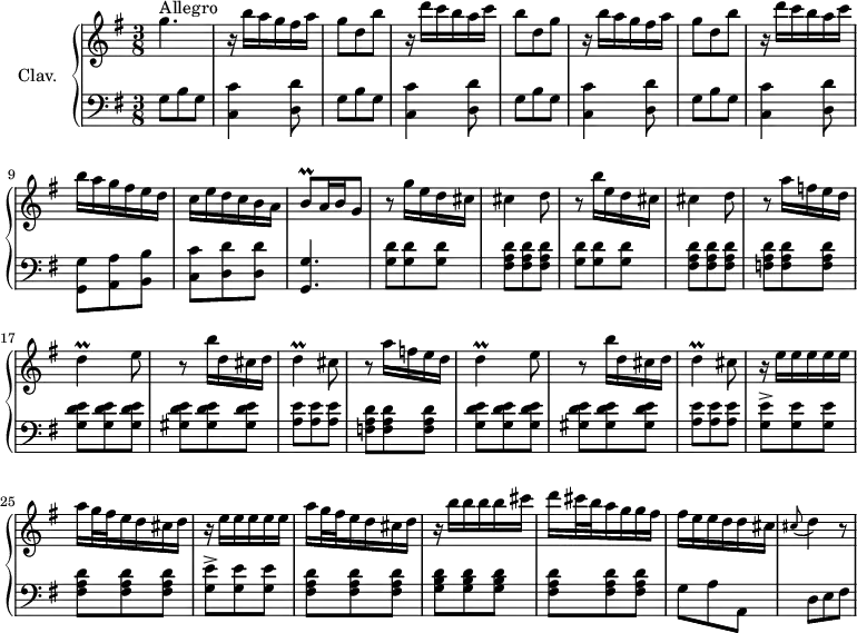 
\version "2.18.2"
\header {
  tagline = ##f
  % composer = "Domenico Scarlatti"
  % opus = "K. 152"
  % meter = "Allegro"
}

%% les petites notes
trillD     = { \tag #'print { d4\prall } \tag #'midi { e32 d e d~ d8 } }
trillBq    = { \tag #'print { b8\prall } \tag #'midi { b32 c b c } }

upper = \relative c'' {
  \clef treble 
  \key g \major
  \time 3/8
  \tempo 4. = 72
  \set Staff.midiInstrument = #"harpsichord"
  \override TupletBracket.bracket-visibility = ##f

      s8*0^\markup{Allegro}
      g'4. | r16 b16 a g fis a | g8 d b' | r16 d16 c b a c | b8 d, g |
      % ms. 6
      r16 b16 a g fis a | g8 d b' | r16 d16 c b a c | b a g fis e d | c e d c b a |
      % ms. 11
      \trillBq a16 b   \tempo 4. = 30 g8   \tempo 4. = 72 | r8 g'16 e d cis | cis4 d8 | r8 b'16 e, d cis | cis4 d8 | 
      % ms. 16
      \repeat unfold 2 { r8 a'16 f e d | \trillD e8 | r8 b'16 d, cis d | \trillD cis8 }
      % ms. 24
      \repeat unfold 2 { r16 e16 e e e e | a g32 fis e16 d cis d } |
      % ms. 28
      r16 b'16 b b b cis | d cis32 b a16 g g fis | fis e e d d cis |
      % ms. 31
      \appoggiatura cis8 d4 r8

}

lower = \relative c' {
  \clef bass
  \key g \major
  \time 3/8
  \set Staff.midiInstrument = #"harpsichord"
  \override TupletBracket.bracket-visibility = ##f

    % ************************************** \appoggiatura a16  \repeat unfold 2 {  } \times 2/3 { }   \omit TupletNumber 
      \repeat unfold 4 { g8 b g | < c, c' >4 < d d' >8 }
      % ms. 9
      < g, g' >8 < a a' > < b b' > | < c c' > < d d'> q |
      % ms. 11
      < g, g' >4. | \repeat unfold 2 { < g' d' >8 q q | < fis a d > q q } | 
      % ms. 16
      < f a d >8 q q | < g d' e > q q | < gis d' e > q q | < a e' > q q | < f a d > q q |
      % ms. 21
      < g d' e > q q | < gis d' e > q q | < a e' > q q |
      % ms. 24
      \repeat unfold 2 { < g e' >-> q q | < fis a d > q q } | 
      % ms. 28
      < g b d > q q | < fis a d > q q | g8 a a, |
      % ms. 31
      d8 e fis | 

}

thePianoStaff = \new PianoStaff <<
    \set PianoStaff.instrumentName = #"Clav."
    \new Staff = "upper" \upper
    \new Staff = "lower" \lower
  >>

\score {
  \keepWithTag #'print \thePianoStaff
  \layout {
      #(layout-set-staff-size 17)
    \context {
      \Score
     \override SpacingSpanner.common-shortest-duration = #(ly:make-moment 1/2)
      \remove "Metronome_mark_engraver"
    }
  }
}

\score {
  \keepWithTag #'midi \thePianoStaff
  \midi { }
}
