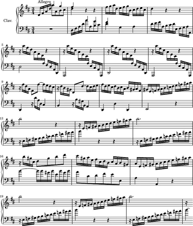
\version "2.18.2"
\header {
  tagline = ##f
  % composer = "Domenico Scarlatti"
  % opus = "K. 535"
  % meter = "Allegro"
}

%% les petites notes
%trillBesp     = { \tag #'print { bes4.\prall } \tag #'midi { c32 bes c bes~ bes4 } }

upper = \relative c'' {
  \clef treble 
  \key d \major
  \time 3/4
  \tempo 4 = 96
  \set Staff.midiInstrument = #"harpsichord"
  \override TupletBracket.bracket-visibility = ##f

      s8*0^\markup{Allegro}
      d,16 fis a d << { a'4 g | fis } \\ { a8 a, b cis | d4 } >> r4 r4 | fis16 g a d, e fis g b, cis d e cis |
      % ms. 4
      d4 r4 r4 | \repeat unfold 2 { r16 a'16 fis d a fis d \change Staff = "lower" a \change Staff = "upper"  r4 | r16 a''16 e cis a e cis \change Staff = "lower" a \change Staff = "upper" r4  } | 
      % ms. 9
      r16 fis''16 d a fis8 fis'~ fis16 e d cis | r16 d16 b gis d8 d'~ d16 cis d e |
      % ms. 11
      fis16 d e cis d b cis a b gis a fis | gis e f gis a b c d e f gis a | b2 r4 |
      % ms. 14
      r16 e,,16 f gis a b cis d e f gis a | b2. | r16 b16 gis cis, d8 gis b d |
      % ms. 17
      cis16 gis a e fis cis d b cis a b gis | a e f gis a b cis d e f gis a | b2 r4 |
      % ms. 20
      r16 e,,16 f gis a b cis d e f gis a | b2. | r16 s16

}

lower = \relative c' {
  \clef bass
  \key d \major
  \time 3/4
  \set Staff.midiInstrument = #"harpsichord"
  \override TupletBracket.bracket-visibility = ##f

    % ************************************** \appoggiatura a16  \repeat unfold 2 {  } \times 2/3 { }   \omit TupletNumber 
      R2. | d,16 fis a d << { a'4 g | fis  } \\ { a8 a, b cis | d4 } >> g,4 a | 
      % ms. 4
      d16 e fis a, b cis d e, fis g a a, | d2 fis16 d a d, | a2 e''16 cis a a, | d2 fis'16 d a d, |
      % ms. 8
      a2 e''16 cis a a, | d4 r16 d''16 a d, cis4 | b r16 b'16 gis b, a4 |
      % ms. 11
      d,4 d' d, | e2 r4 | r16 e'16 f gis a b c d e f gis a |
      % ms. 14
       b4 r4 r4 | r16 e,,16 f gis a b c d e f gis a | b4~ b16 b gis b e, b' gis b |
      % ms. 17
       a8 cis, d fis e  e, | a4 a, r4 | r16 e'16 f gis a b c d e f gis a |
      % ms. 20
       b4 r4 r4 | r16 e,,16 f gis a b c d e f gis a | b4*1/8~  \hideNotes b16 % b gis b e, b' gis b |

}

thePianoStaff = \new PianoStaff <<
    \set PianoStaff.instrumentName = #"Clav."
    \new Staff = "upper" \upper
    \new Staff = "lower" \lower
  >>

\score {
  \keepWithTag #'print \thePianoStaff
  \layout {
      #(layout-set-staff-size 17)
    \context {
      \Score
     \override SpacingSpanner.common-shortest-duration = #(ly:make-moment 1/2)
      \remove "Metronome_mark_engraver"
    }
  }
}

\score {
  \keepWithTag #'midi \thePianoStaff
  \midi { }
}
