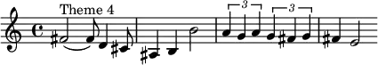 \relative c' {fis2^"Theme 4"( fis8) d4 cis8 ais4 b b'2 \times2/3 { a4 g a }\times2/3 { g4 fis g } fis e2}