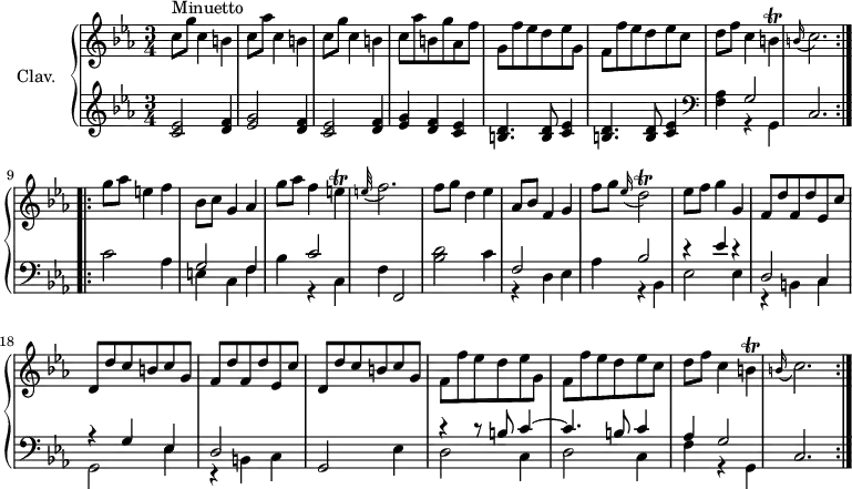 
\version "2.18.2"
\header {
  tagline = ##f
  % composer = "Domenico Scarlatti"
  % opus = "K. 40"
  % meter = "Minuetto"
}

%% les petites notes
trillE     = { \tag #'print { e4\trill } \tag #'midi { f32 e f e~ e8 } }
trillB     = { \tag #'print { b4\trill } \tag #'midi { c32 b c b~ b8 } }
trillDb    = { \tag #'print { d2\trill } \tag #'midi { ees32 d ees d~ d8~ d4 } }
AppoFbp    = { \tag #'print { \appoggiatura e32 f2. } \tag #'midi { e4 f2 } }
AppoCbp    = { \tag #'print { \appoggiatura b16 c2. } \tag #'midi { b2 c4 } }

upper = \relative c'' {
  \clef treble 
  \key c \minor
  \time 3/4
  \tempo 4 = 84
  \set Staff.midiInstrument = #"harpsichord"
  \override TupletBracket.bracket-visibility = ##f

  \repeat volta 2 {
      s8*0^\markup{Minuetto}
      c8 g' c,4 b | c8 aes' c,4 b  | c8 g' c,4 b  | c8 aes' b, g' aes, f' | g, f' ees d ees g, |
      % ms. 6
      f8 f' ees d ees c | d f c4 \trillB \AppoCbp }%reprise
      % ms. 9
        \repeat volta 2 { g'8 aes e4 f | bes,8 c g4 aes | g'8 aes f4 \trillE | \AppoFbp |
      % ms. 13
      f8 g d4 ees | aes,8 bes f4 g | f'8 g \appoggiatura ees16 \trillDb | ees8 f g4 g, | \repeat unfold 2 { f8 d' f, d' ees, c' | d, d' c b c g } |
      % ms. 20
      f8 f' ees d ees g, | f f' ees d ees c  | d f c4 \trillB \AppoCbp }%reprise

}

lower = \relative c' {
  \clef bass
  \key c \minor
  \time 3/4
  \set Staff.midiInstrument = #"harpsichord"
  \override TupletBracket.bracket-visibility = ##f

  \repeat volta 2 {
    % ************************************** \appoggiatura a8  \repeat unfold 2 {  } \times 2/3 { }   \omit TupletNumber 
        \clef treble < c ees >2 < d f >4 | < ees g >2 < d f >4 | < c ees >2 < d f >4 | < ees g >4 < d f > < c ees > | \repeat unfold 2 { < b d >4. q8 < c ees >4 } |   \clef bass 
      % ms. 7
      < f, aes > << { g2 } \\ { r4 g, } >> | c2. } %reprise
      % ms. 9
        \repeat volta 2 { c'2 aes4 | << { g2 f4 | s4 c'2 } \\ { e,4 c f | bes r4 c,4 } >> f4 f,2 |
      % ms. 13
      < bes' d >2 c4 | << { f,2 s4 | s4 bes2 | r4 ees4 r4 | d,2 c4 | r4 g'4 ees } \\ { r4 d4 ees | aes r4 bes, | ees2 ees4 r4 b4 c | g2 ees'4 } >>
      % ms. 19
      << { d2 } \\ { r4 b4 c } >> g2 ees'4 | << { r4 r8 b'8 c4~ | c4. b8 c4 | aes4 g2 } \\ { d2 c4 | d2 c4 | f r4 g, } >> c2. }%reprise

}

thePianoStaff = \new PianoStaff <<
    \set PianoStaff.instrumentName = #"Clav."
    \new Staff = "upper" \upper
    \new Staff = "lower" \lower
  >>

\score {
  \keepWithTag #'print \thePianoStaff
  \layout {
      #(layout-set-staff-size 17)
    \context {
      \Score
     \override SpacingSpanner.common-shortest-duration = #(ly:make-moment 1/2)
      \remove "Metronome_mark_engraver"
    }
  }
}

\score {
  \unfoldRepeats
  \keepWithTag #'midi \thePianoStaff
  \midi { }
}
