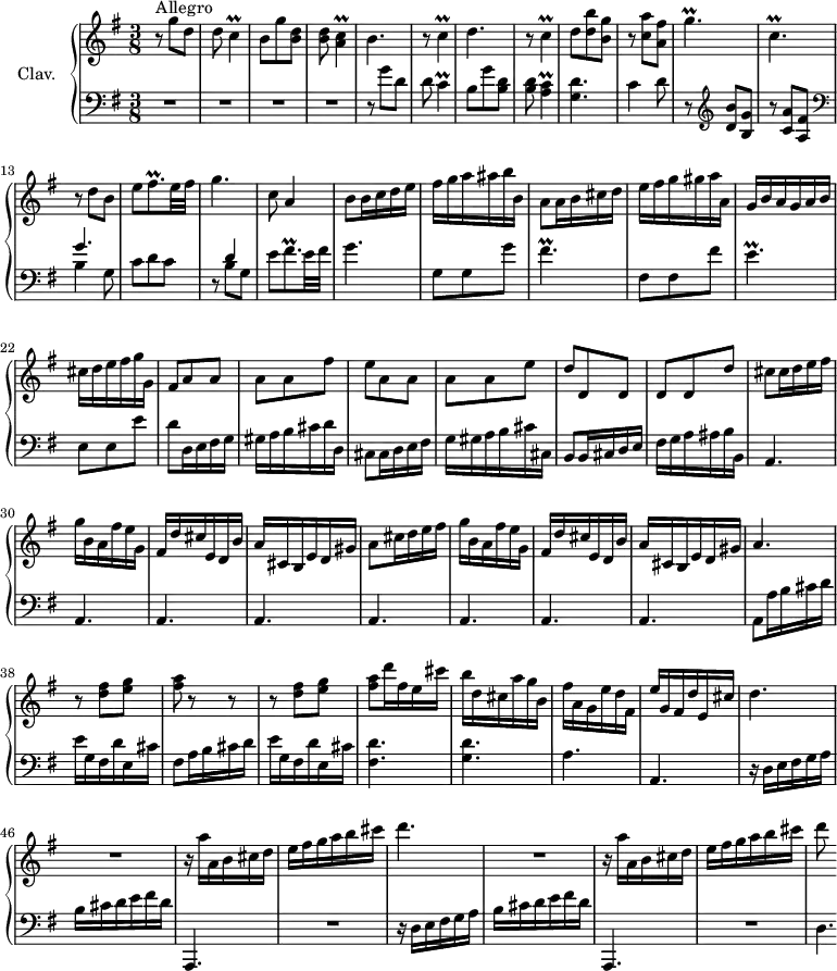 \version "2.18.2"
\header {
tagline = ##f
% composer = "Domenico Scarlatti"
% opus = "K. 449"
% meter = "Allegro"
}
%% les petites notes
trillC = { \tag #'print { c4\prall } \tag #'midi { d32 c d c~ c8 } }
trillAC = { \tag #'print { < a c >4\prall } \tag #'midi { << { d32 c d c~ c8 } \\ { a4 } >> } }
trillGpUp = { \tag #'print { g'4.\prall } \tag #'midi { a32 g a g~ g4 } }
trillCpDown = { \tag #'print { c,4.\prall } \tag #'midi { d32 c d c~ c4 } }
trillFisqp = { \tag #'print { fis8.\prall } \tag #'midi { g32 fis g fis~ fis16 } }
trillFisp = { \tag #'print { fis4.\prall } \tag #'midi { g32 fis g fis~ fis4 } }
trillEp = { \tag #'print { e4.\prall } \tag #'midi { fis32 e fis e~ e4 } }
upper = \relative c'' {
\clef treble
\key g \major
\time 3/8
\tempo 4. = 78
\set Staff.midiInstrument = #"harpsichord"
\override TupletBracket.bracket-visibility = ##f
s8*0^\markup{Allegro}
r8 g'8 d | d \trillC | b8 g' < b, d > | q \trillAC | b4. | r8 \trillC |
% ms. 7
d4. | r8 \trillC | d8 < d b' > < b g' > | r8 < c a' > < a fis' > | \trillGpUp | \trillCpDown | r8 d8 b |
% ms. 14
e8 \trillFisqp e32 fis | g4. | c,8 a4 | b8 b16 c d e | fis g a ais b b, | a8 a16 b cis d |
% ms. 20
e16 fis g gis a a, | g b a g a b | cis d e fis g g, | fis8 a a | a a fis' | e a, a |
% ms. 26
a8 a e' | d d, d | d d d' | cis8 cis16 d e fis | g b, a fis' e g, | fis d' cis e, d b' |
% ms. 32
a16 cis, b e d gis | a8 cis16 d e fis | g b, a fis' e g, | fis d' cis e, d b' | a cis, b e d gis | a4. |
% ms. 38
r8 < d fis >8 < e g > | < fis a > r8 r8 | r8 < d fis > < e g > | < fis a > d'16 fis, e cis' b | d, cis a' g b, | fis' a, g e' d fis, |
% ms. 44
e'16 g, fis d' e, cis' | d4. | R4. | r16 a'16 a, b cis d e fis g a b cis | d4. |
% ms. 50
R4. | r16 a16 a, b cis d e fis g a b cis | d8
}
lower = \relative c' {
\clef bass
\key g \major
\time 3/8
\set Staff.midiInstrument = #"harpsichord"
\override TupletBracket.bracket-visibility = ##f
% ************************************** \appoggiatura a16 \repeat unfold 2 { } \times 2/3 { } \omit TupletNumber
R4.*4 | r8 g'8 d | d \trillC |
% ms. 7
b8 g' < b, d > | q \trillAC | < g d' >4. | c4 d8 | r8 \clef treble < d b' >8 < b g' > | r8 < c a' >8 < a fis'> | \clef bass << { g'4. } \\ { b,4 g8 } >>
% ms. 14
c8 d c | r8 << { d4 } \\ { b8 g } >> e'8 \trillFisqp e32 fis | g4. | g,8 g g' | \trillFisp |
% ms. 20
fis,8 fis fis' | \trillEp | e,8 e e' | d8 d,16 e fis g | gis a b cis d d, | cis8 cis16 d e fis |
% ms. 26
g16 gis a b cis cis, | b8 b16 cis d e | fis g a ais b b, | \repeat unfold 8 { a4. } | a8 a'16 b cis d |
% ms. 38
e16 g, fis d' e, cis' | fis,8 a16 b cis d | e g, fis d' e, cis' | < fis, d' >4. | < g d' > | a |
% ms. 44
a,4. | r16 d16 e fis g a | b cis d e fis d | a,,4. | R4. | r16 d'16 e fis g a | b cis d e fis d | a,,4. |
% ms. 52
R4. | d'4.*1/2
}
thePianoStaff = \new PianoStaff <<
\set PianoStaff.instrumentName = #"Clav."
\new Staff = "upper" \upper
\new Staff = "lower" \lower
>>
\score {
\keepWithTag #'print \thePianoStaff
\layout {
#(layout-set-staff-size 17)
\context {
\Score
\override SpacingSpanner.common-shortest-duration = #(ly:make-moment 1/2)
\remove "Metronome_mark_engraver"
}
}
}
\score {
\keepWithTag #'midi \thePianoStaff
\midi { }
}