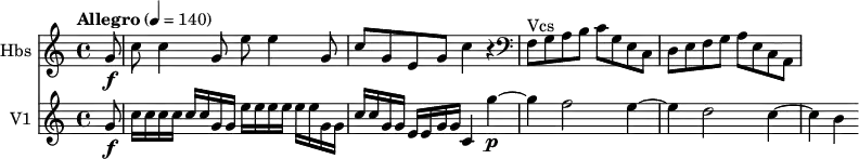 <<
\new Staff \with { instrumentName = #"Hbs "} \relative c'' {
\version "2.18.2"
\key c \major
\tempo "Allegro" 4 = 140
\time 4/4
\partial 8 g8\f |
c c4 g8 e'8 e4 g,8
c g e g c4 r
\clef bass f,,8 ^\markup{Vcs } g a b c g e c
d e f g a e c a
}
\new Staff \with { instrumentName = #"V1 "}
\relative c'' {
\key c \major
\partial 8 g8\f |
c16 c c c c c g g e'16 e e e e e g, g |
c16 c g g e e g g c,4 g''~\p |
g4 f2 e4~ |
e4 d2 c4~ |
c4 b
}
>>