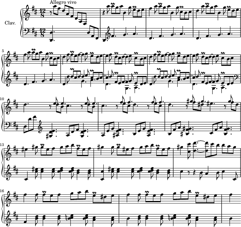 
\version "2.18.2"
\header {
  tagline = ##f
  % composer = "Domenico Scarlatti"
  % opus = "K. 214"
  % meter = "Allegro vivo"
}

%% les petites notes
trillAq       = { \tag #'print { a8\prall } \tag #'midi { b32 a b a } }
trillEq       = { \tag #'print { e8\prall } \tag #'midi { fis32 e fis e } }
trillEqDown   = { \tag #'print { e,8\prall } \tag #'midi { fis32 e fis e } }
trillDq       = { \tag #'print { d8\prall } \tag #'midi { e32 d e d } }
trillCisq     = { \tag #'print { cis8\prall } \tag #'midi { d32 cis d cis } }
trillCisqDow  = { \tag #'print { cis,8\prall } \tag #'midi { d32 cis d cis } }
trillFisq     = { \tag #'print { fis8\prall } \tag #'midi { gis32 fis gis fis } }
trillFisqDown = { \tag #'print { fis,8\prall } \tag #'midi { g32 fis g fis } }
trillGisq     = { \tag #'print { gis8\prall } \tag #'midi { a32 gis a gis } }
trillFisGq     = { \tag #'print { fis8\prall } \tag #'midi { g32 fis g fis } }

upper = \relative c'' {
  \clef treble 
  \key d \major
  \time 12/8
  \tempo 4. = 112
  \set Staff.midiInstrument = #"harpsichord"
  \override TupletBracket.bracket-visibility = ##f

      s8*0^\markup{Allegro vivo}
      r8 a'8 fis d a fis d a fis s4. | r4 \repeat unfold 2 { a''8 \trillAq g8 a b,4 g'8 \trillEq d8 e | fis4 a8 \trillAq g8 a b,4 g'8 \trillCisqDow b8 cis |
      % ms. 4
      d4 } fis8 \trillFisq e8 fis~ fis4 g8 \trillEq d8 e~ |
      % ms. 7
      e4 fis8 \trillDq cis d~ d4 e8 \trillCisq b cis | d4 fis8 \trillFisq e8 fis~ fis4 g8 \trillEq d8 e~ | e4 fis8 \trillDq cis d~ d4 e8 \trillCisq b cis |
      % ms. 10
      d4. \repeat unfold 2 { r8 << { e e4. } \\ { d8 b cis4. } >> } \repeat unfold 2 { r8 << { fis fis4. } \\ { e8 cis d4. } >> } r8 << { gis gis4. } \\ { fis8 dis eis4. } >> r8 << { gis } \\ { fis8 dis } >> |
      % ms. 13
      eis4 \repeat unfold 2 { gis8 \trillGisq eis8 fis gis a b \trillFisq eis fis | gis4 } < cis, cis' >8 < d d' >4.~ q8 cis'8 b b a gis |
      % ms. 16 
      \repeat unfold 2 { fis4 fis8 \trillFisGq e8 fis g a b \trillEqDown dis e } | fis4 

}

lower = \relative c' {
  \clef bass
  \key d \major
  \time 12/8
  \set Staff.midiInstrument = #"harpsichord"
  \override TupletBracket.bracket-visibility = ##f

    % ************************************** \appoggiatura \repeat unfold 2 {  } \times 2/3 { }
      < d,, d' >4. s2. d'8 a fis | d4.   \clef treble  fis''4. g a | \repeat unfold 3 { d,4. fis g a }
      % ms. 6
      \repeat unfold 2 { 
      d,4 d'8 
      << { \trillDq cis8 d~ d4 e8 \trillCisq b8 cis~ | cis4 d8 \trillFisqDown e8 fis~ fis4 g8 | \trillEq d e } 
      \\ { s4. g4. a | d, s4. g,4. a } >> }   \clef bass 
      % ms. 10
      d,8 d' fis   \clef treble  < gis, d' e >4. a8 d fis < gis, d' e >4. | a8 e' g < ais, e' fis >4. b8 e g  < ais, e' fis >4. | b8 fis' a < bis, fis' gis >4. cis8 fis a < bis, fis' gis >4. |
      % ms. 13
      cis4 < cis' eis >8 q4 q8 < cis d fis >4 q8 < b d >4 q8 | < cis, cis' >4 < cis' eis >8 q4 q8 < cis d fis >4 q8 < b d >4 q8 | cis4 r8 r4 b8 a4 b8 cis4 cis,8
      % ms. 16
      fis4 \repeat unfold 2 { < b d >8 q4 q8 < b c e >4  q8 < a c >4 q8 | b4 } 

}

thePianoStaff = \new PianoStaff <<
    \set PianoStaff.instrumentName = #"Clav."
    \new Staff = "upper" \upper
    \new Staff = "lower" \lower
  >>

\score {
  \keepWithTag #'print \thePianoStaff
  \layout {
      #(layout-set-staff-size 17)
    \context {
      \Score
     \override SpacingSpanner.common-shortest-duration = #(ly:make-moment 1/2)
      \remove "Metronome_mark_engraver"
    }
  }
}

\score {
  \keepWithTag #'midi \thePianoStaff
  \midi { }
}
