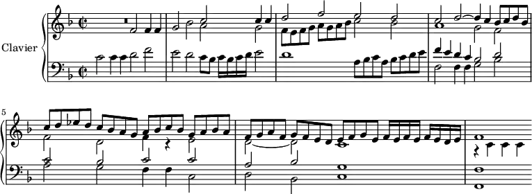 
\version "2.18.2"
\header {
  tagline = ##f
}
upper = \relative c' {
  \clef treble 
  \key f \major
  \time 4/2
  \set Staff.timeSignatureFraction = 2/2
  \tempo 2 = 80
  \tempo "Andante mosso"
    \set Staff.midiInstrument = #"church organ"

   %%% Canzona ariosa
   R1 f2 f4 f g2 bes
   << { c2 c4 c d2 f e d c d~ d4 c bes8 c d bes c d ees d c bes a g | a bes c bes g a bes a | f g a f g f e d  | e f g e f16 e f e f e d e | f1 } \\ { a2 g f8 e f g a g a bes c2 bes a1 g2 f f d f4 r4 e2 d~ d c1 r4 c4 c c } >>
}

lower = \relative c' {
  \clef bass
  \key f \major
  \time 4/2
  \set Staff.timeSignatureFraction = 2/2
    \set Staff.midiInstrument = #"church organ"

  c2 c4 c d2 f e d c8 bes c16 bes c d e2 d1
  a8 bes c a bes c d e 
  << { f4 e d c bes2 d c bes c c a bes g1 f1 } \\ { f2 f4 f g2 bes a g f4 f c2 d bes c1 f,1~ } >> 

} 

\score {
  \new PianoStaff <<
    \set PianoStaff.instrumentName = #"Clavier"
    \new Staff = "upper" \upper
    \new Staff = "lower" \lower
  >>
  \layout {
    \context {
      \Score
      \remove "Metronome_mark_engraver"
      \override SpacingSpanner.common-shortest-duration = #(ly:make-moment 1/2)
    }
  }
  \midi { }
}
