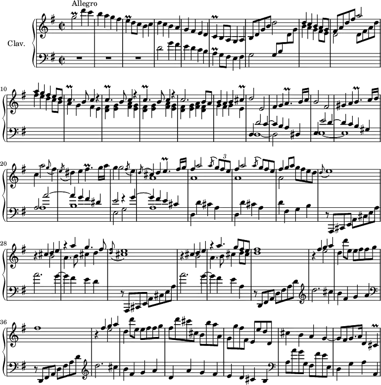 
\version "2.18.2"
\header {
  tagline = ##f
  % composer = "Domenico Scarlatti"
  % opus = "K. 522"
  % meter = "Allegro"
}

%% les petites notes
trillgbUp     = { \tag #'print { g'2\prall } \tag #'midi { a32 g a g~ g4. } }
trillE        = { \tag #'print { e4\prall } \tag #'midi { fis32 e fis e~ e8 } }
trillC        = { \tag #'print { c4\prall } \tag #'midi { d32 c d c~ c8 } }
trillA        = { \tag #'print { a4\prall } \tag #'midi { b32 a b a~ a8 } }
trillCp       = { \tag #'print { c4.\prall } \tag #'midi { d32 c d c~ c4 } }
trillAp       = { \tag #'print { a4.\prall } \tag #'midi { b32 a b a~ a4 } }
trillBp       = { \tag #'print { b4.\prall } \tag #'midi { c32 b c b~ b4 } }
trillCis      = { \tag #'print { cis4\prall } \tag #'midi { d32 cis d cis~ cis8 } }
trillEp       = { \tag #'print { e4.\prall } \tag #'midi { fis32 e fis e~ e4 } }
trillFisp     = { \tag #'print { fis4.\prall } \tag #'midi { g32 fis g fis~ fis4 } }

upper = \relative c'' {
  \clef treble 
  \key g \major
  \time 2/2
  \tempo 2 = 72

      s8*0^\markup{Allegro}
      \trillgbUp d'4 c b a g fis | \trillE d8 c b4 c | d c b a | g fis e d |
      % ms. 6
      \trillC b8 a g4 a | b8 d g b d2 |	\stemUp d4 c b a8 g | fis a d fis a2 | a4 g fis e8 d |
      % ms. 11
      \repeat unfold 3 { \trillCp b8 c4 r4 } | c2. b8 a | b4 a b \trillCis |
      % ms. 16
      d2 e, | fis4 g \trillAp b16 c | b2 fis | gis4 a \trillBp c16 d \stemNeutral | c4 a'2 \appoggiatura g8 fis4 |
      % ms. 21
      \acciaccatura e8 dis4 e \trillFisp g16 a | g4 g2 \acciaccatura fis8 e4 | 
      << { \acciaccatura d8 \stemUp cis4 d \trillEp fis16 g | \repeat unfold 2 { fis4 a2 \acciaccatura a8 \times 2/3 { g8 fis e } \omit TupletNumber } } 
       \\ { a,1 a a } >>
      % ms. 26
      << { fis'4 g8 a } \\ { a,2 } >> g'8 fis e d | \appoggiatura d8 e1 | r4 
      << { cis4 d e r4 a4 g4. fis8 } 
       \\ { s4 b,2 | a4. b8 cis4 d } >>
      % ms. 30
      \appoggiatura < d fis >8 < cis e >1 |
      r4 << { cis4 d e r4 a4. g8 fis e } 
       \\ { s4 b2 | a4. b8 cis4 d8 cis } >> | < d fis >1
      % ms. 34
      r4 << { fis4 g a } \\ { s4 e2 } >> | d4 d'8 e, e fis fis g | fis1 | r4 << { fis4 g a } \\ { s4 e2 } >> | d4 d'8 e, e fis fis g |
      % ms. 39
      fis8 d' cis cis, b b' a a, | g g' fis fis, e e' d d, | cis'4 b a g~ | g8 fis g8. a16 d,4 \trillCis 

}

lower = \relative c' {
  \clef bass
  \key g \major
  \time 2/2

    % ************************************** \appoggiatura a16  \repeat unfold 2 {  } \times 2/3 { }   \omit TupletNumber 
      R1*3 | d2 g4 fis | e d c b |
      % ms. 6
      \trillA g8 fis e4 fis | g2 g8 b \stemDown \change Staff = "upper"  d g |  b4 a g fis8 e | d2 d8 fis a d | fis4 e d c8 b |
      % ms. 11
      a4 g fis e | \repeat unfold 2 { < d fis > < e g > < fis a > < e g > } | < d fis > < e g > < fis a > < d fis > | g fis g e \stemNeutral \change Staff = "lower" |
      % ms. 16
      << { d,4 d'2 c4 ~ | c b a dis, | e4 e'2 d4~ | d c b gis | a2 a'2~ | a4 g fis dis } 
       \\ { d,1~ | d2 s2 | e1~ | e | a1 | b } >>
      % ms. 22
      << { e2 r4 g4~ | g fis e cis } \\ { e,2 g | a1 } >> | \repeat unfold 2 { d,4 d' cis a } 
      % ms. 26
      d4 fis, g b | r8 a,,8 cis e a cis e a | a'2. g4~ | g fis e d  |
      % ms. 30
      r8 a,,8 cis e a cis e a | a'2. g4~ | g fis e a, | \repeat unfold 2 {   \clef bass r8 d,,8 fis a d fis a d   \clef treble  | 
      % ms. 34
      d'2. cis4 | b fis g a } | 
      % ms. 39
      d,4 a' g fis | e d cis b     \clef bass  | a8 a' g g, fis fis' e e, | d4 g a a, |

}

thePianoStaff = \new PianoStaff <<
    \set PianoStaff.instrumentName = #"Clav."
    \new Staff = "upper" \upper
    \new Staff = "lower" \lower
  >>

\score {
  \keepWithTag #'print \thePianoStaff
  \layout {
      #(layout-set-staff-size 17)
    \context {
      \Score
     \override TupletBracket.bracket-visibility = ##f
     \override SpacingSpanner.common-shortest-duration = #(ly:make-moment 1/2)
      \remove "Metronome_mark_engraver"
    }
  }
}

\score {
  \keepWithTag #'midi \thePianoStaff
  \midi { \set Staff.midiInstrument = #"harpsichord" }
}
