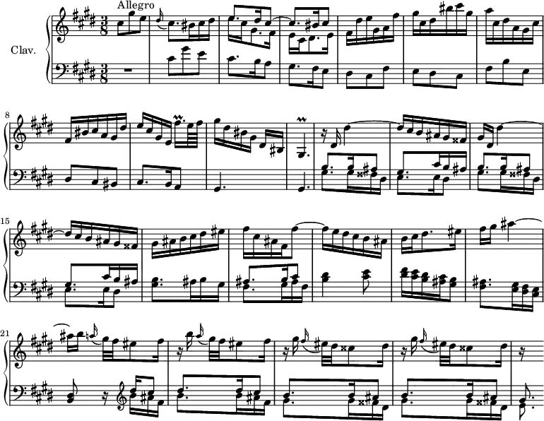 
\version "2.18.2"
\header {
  tagline = ##f
  % composer = "Domenico Scarlatti"
  % opus = "K. 247"
  % meter = "Allegro"
}

%% les petites notes
trillGisp       = { \tag #'print { gis4.\prall } \tag #'midi { a64 gis a gis~ gis16~ gis4 } }
trillFisqqpUp   = { \tag #'print { fis'16.\prall[ } \tag #'midi { gis64 fis gis fis~ fis32 } }


upper = \relative c'' {
  \clef treble 
  \key cis \minor
  \time 3/8
  \tempo 4. = 50
  \set Staff.midiInstrument = #"harpsichord"
  \override TupletBracket.bracket-visibility = ##f

      s8*0^\markup{Allegro}
      cis8 gis' e | \appoggiatura dis16 cis8. bis16 cis dis | << { \mergeDifferentlyDottedOn e8. dis16 cis8~ | cis8. bis16 cis8 } \\ { e16 cis gis8. fis16 | e16 cis dis8. e16 } >> | fis16 dis' e gis, a fis' |
      % ms. 6
      gis16 cis, dis bis' cis gis| a cis, dis a gis cis | fis, bis cis a gis dis' | e cis gis e \trillFisqqpUp e64 fis] | gis16 dis bis gis dis[ bis] |
      % ms. 11
      \trillGisp | r16 dis'16 dis'4~ | dis16 cis b ais gis fisis | gis dis dis'4~ | dis16 cis b ais gis fisis |
      % ms. 16
      gis16 ais b cis dis eis  | fis cis ais fis fis'8~ | fis16 e dis cis b ais | b cis dis8. eis16 | fis16 gis ais4~ 
      % ms. 21
      ais16 \repeat unfold 2 { b16 \appoggiatura a16 gis32[ fis eis8 fis16] r16 } | \repeat unfold 2 { gis16 \appoggiatura fis16 eis32[ dis cisis8 dis16] r16 } s8

}

lower = \relative c' {
  \clef bass
  \key cis \minor
  \time 3/8
  \set Staff.midiInstrument = #"harpsichord"
  \override TupletBracket.bracket-visibility = ##f

    % ************************************** \appoggiatura a16  \repeat unfold 2 {  } \times 2/3 { }   \omit TupletNumber 
      R4. | cis8 gis' e | cis8. b16 a8 | gis8. fis16 e8 | dis8 cis fis |
      % ms. 6
      e8 dis cis | fis b e, | dis cis bis | cis8. b16 a8 | gis4. |
      % ms. 11
      gis4. | \repeat unfold 2 { << { b'8. b16 ais8 | gis8. cis16 b ais } \\ { gis8. gis16 fisis dis | e8. e16 dis8 } >> }
      % ms. 16
      < gis b >8. ais16 b gis | << { ais8. b16 cis8 } \\ { fis,8. gis16 ais fis } >> | < b dis >4 < cis e >8 | < dis fis >16 < cis e > < b dis > < ais cis > < gis b >8 | < fis ais >8. < e gis >16 < dis fis > < cis e > |
      % ms. 21
      < b dis >8 r16  \clef treble  << { dis''16 cis8 | dis8. dis16 cis8 | \repeat unfold 2 { b8. b16 ais8 } gis8. } \\ { b16 ais fis | b8. b16 ais fis | \repeat unfold 2 { gis8. gis16 fisis dis  } | e8. } >>

}

thePianoStaff = \new PianoStaff <<
    \set PianoStaff.instrumentName = #"Clav."
    \new Staff = "upper" \upper
    \new Staff = "lower" \lower
  >>

\score {
  \keepWithTag #'print \thePianoStaff
  \layout {
      #(layout-set-staff-size 17)
    \context {
      \Score
     \override SpacingSpanner.common-shortest-duration = #(ly:make-moment 1/2)
      \remove "Metronome_mark_engraver"
    }
  }
}

\score {
  \keepWithTag #'midi \thePianoStaff
  \midi { }
}
