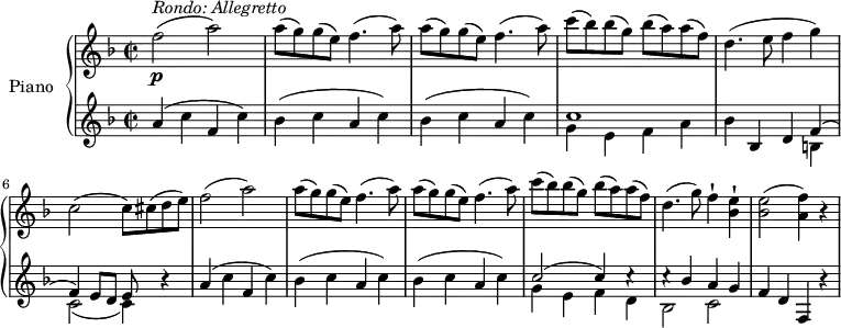 
\version "2.18.2"
\header {
  tagline = ##f
}
upper = \relative c' {
  \clef treble 
  \key f \major
  \time 2/2
  \tempo "Allegretto"
  \tempo 4 = 130
  %\autoBeamOff

  f'2 \p^\markup{ \italic {Rondo: Allegretto } } (a)
  \repeat unfold 2 {a8 (g) g (e) f4. (a8)}
  c8 (bes)  bes (g)  bes (a)  a (f)
  d4. (e8 f4 g)
  c,2 (c8) cis (d e)
  f2 (a)
  \repeat  unfold 2 {a8 (g) g (e) f4. (a8)}
  c8 (bes)  bes (g)  bes (a)  a (f)
  d4. (g8) f4-! <bes, e>-!
  <bes e>2 (<a f'>4) r
}
lower = \relative c {
  \clef bass
  \key f \major
  \time 2/2
   \clef treble 
    a''4 (c f, c')
    \repeat unfold 2 {bes (c a c)}
    << { \stemDown g4 e f a} \\ { c1 } >>
    bes4 bes, d << { \stemDown b4 c2 _(c4)} \\ { \stemUp f4 ^(f) e8 d e } >> r4
    a4 (c f, c')
    \repeat unfold 2 {bes (c a c)}
    << { \stemDown g4 e f d bes2 c2} \\ {\stemUp  c'2 ^(c4) c \rest  c \rest bes a g } >>
    f4 d f, r
} 
\score {
  \new PianoStaff <<
    \set PianoStaff.instrumentName = #"Piano"
    \new Staff = "upper" \upper
    \new Staff = "lower" \lower
  >>
  \layout {
    \context {
      \Score
      \remove "Metronome_mark_engraver"
    }
  }
  \midi { }
}
