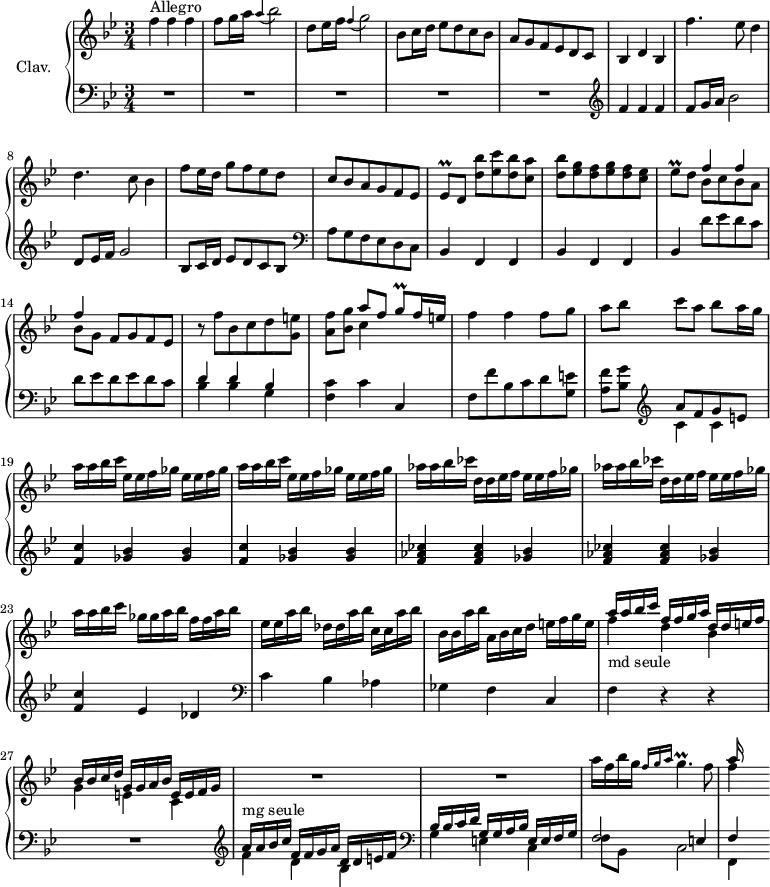 
\version "2.18.2"
\header {
  tagline = ##f
  % composer = "Domenico Scarlatti"
  % opus = "K. 189"
  % meter = "Allegro"
}

%% les petites notes
trillEesq     = { \tag #'print { ees8\prall } \tag #'midi { f32 ees f ees } }
trillEes      = { \tag #'print { ees4\prall } \tag #'midi { f32 ees f ees~ ees8 } }
trillGq       = { \tag #'print { g8\prall } \tag #'midi { a32 g a g } }
trillGp       = { \tag #'print { g4.\prall } \tag #'midi { a32 g a g~ g4 } }


upper = \relative c'' {
  \clef treble 
  \key bes \major
  \time 3/4
  \tempo 4 = 96

      s8*0^\markup{Allegro}
      f4 f f | f8 g16 a \appoggiatura a4 bes2 | d,8 ees16 f \appoggiatura f4 g2 | bes,8 c16 d ees8 d c bes | a g f ees d c |
      % ms. 6
      bes4 d bes | f''4. ees8 d4 | d4. c8 bes4 | f'8 ees16 d g8 f ees d | c bes a g f ees |
      % ms. 11
      \trillEesq d < d' bes' >[ < ees c' > < d bes' > < c a' >] | < d bes' > \repeat unfold 2 { < ees g > < d f > } < c ees > | \trillEesq d8 << { f4 f | f } \\ { bes,8 c bes a | bes[ g] } >> f8 g f ees | r8 f'8 bes, c d < g, e' >
      % ms. 16
      < a f' >8 < bes g' > << { a'8 f \trillGq f16 e } \\ { c4 } >>  | f4 f f8 g | a bes c a bes a16 g | \repeat unfold 2 { a a bes c \repeat unfold 2 { ees, ees f ges } }
      % ms. 21
      \repeat unfold 2 { aes16 aes bes ces d, d ees  f ees ees f ges } | a a bes c ges ges a bes f f a bes |
      % ms. 24
      ees,16 ees a bes des, des a' bes c, c a' bes | bes, bes a' bes a, bes c d e f g e |
      << { a16 a bes c | f, f g a | d, d e f | bes, bes c d | g, g a bes | e, e f g } 
      \\ { f'4-\markup{md seule} d bes | g e c } >> |
      % ms. 28
      R2.*2
      a''16 f bes g \grace {   \tempo 4 = 46 f16 g a }   \tempo 4 = 96 \trillGp f8
      % ms. 31
      << { a16 s8. } \\ { f4 } >> % a bes c

}

lower = \relative c' {
  \clef bass
  \key bes \major
  \time 3/4

    % ************************************** \appoggiatura a16  \repeat unfold 2 {  } \times 2/3 { }   \omit TupletNumber 
      R2.*5 | 
      % ms. 6
        \clef treble f4 f f | f8 g16 a bes2 | d,8 ees16 f g2 | bes,8 c16 d ees8 d c bes   \clef bass a g f ees d c |
      % ms. 11
      \repeat unfold 2 { bes4 f f } | bes4 d'8 ees d c | d ees d ees d c | << { d4 d bes } \\ { bes4 bes g } >>
      % ms. 16
      < f c' >4 c' c, | f8 f' bes, c d < g, e' > | < a f' > < bes g' >  \clef treble << { a' f g e } \\ { c4 c } >>
      % ms. 19
      \repeat unfold 2 { < f c' >4 < ges bes > q } | \repeat unfold 2 { < f aes ces >4 q < ges bes > } | < f c' > ees des \clef bass |
      % ms. 24
      c4 bes aes | ges f c | f r4 r4 | 
      % ms. 27
      R2. | \clef treble 
      << { a'16-\markup{mg seule} a bes c | f, f g a | d, d e f |   \clef bass bes, bes c d | g, g a bes | e, e f g | f2 e4 f } 
      \\ { f'4 d bes |   \clef bass g e c | f8 bes, c2 | f,4 } >> 
      % ms. 31
      

}

thePianoStaff = \new PianoStaff <<
    \set PianoStaff.instrumentName = #"Clav."
    \new Staff = "upper" \upper
    \new Staff = "lower" \lower
  >>

\score {
  \keepWithTag #'print \thePianoStaff
  \layout {
      #(layout-set-staff-size 17)
    \context {
      \Score
     \override TupletBracket.bracket-visibility = ##f
     \override SpacingSpanner.common-shortest-duration = #(ly:make-moment 1/2)
      \remove "Metronome_mark_engraver"
    }
  }
}

\score {
  \keepWithTag #'midi \thePianoStaff
  \midi { \set Staff.midiInstrument = #"harpsichord" }
}
