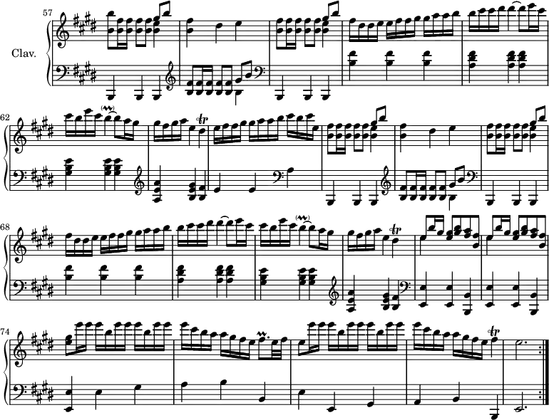 \version "2.18.2"
\header {
tagline = ##f
}
%% les petites notes
trillDis = { \tag #'print { dis4\trill } \tag #'midi { \repeat unfold 2 { e32 dis } e \tempo 4 = 76 dis~ dis16 \tempo 4 = 90 } }
trillFisqp = { \tag #'print { fis8.\prall } \tag #'midi { gis32 fis gis fis~ fis16 } }
trillB = { \tag #'print { b4~-\parenthesize\prall } \tag #'midi { cis32 b cis b~ b8~ } }
%trillFis = { \tag #'print { fis4\trill } \tag #'midi { \repeat unfold 2 { gis32 fis } gis fis~ \tempo 4 = 60 fis~ fis \tempo 4 = 90 } }
trillFis = { \tag #'print { fis4\trill } \tag #'midi { \repeat unfold 2 { gis32 fis } gis fis~ \tempo 4 = 60 e~ fis \tempo 4 = 90 } }
upper = \relative c'' {
\clef treble
\key e \major
\time 3/4
\tempo 4 = 90
\omit Staff.TimeSignature
\set Staff.midiInstrument = #"harpsichord"
\set Score.currentBarNumber = #57
\bar ""
< b b' >8 < b fis' >16 q q8 q << { gis'8 b } \\ { < b, e >4 } >> | < b fis' >4 dis e |
% ms. 59 à 63 = 67 à 71 <!-- Longo : double note sur la figure rythmique ms. 59 — je suis K. Gilbert -->
< b fis' >8 q16 q q8 q << { gis'8 b } \\ { < b, e >4 } >> | fis'16 dis dis e e fis fis gis gis a a b | b cis cis dis dis4~ dis8 e16 cis |
cis16 b e cis \trillB b8 a16 gis | gis fis gis a e4 \trillDis |
% ms. 64 à 66 intermédiaire
e16 fis fis gis gis a a b cis b cis e, | < b fis' >8 q16 q q8 q << { gis'8 b } \\ { < b, e >4 } >> | < b fis' >4 dis e |
% ms. 67 à 71 (= 59 à 63)
< b fis' >8 q16 q q8 q << { gis'8 b } \\ { < b, e >4 } >> | fis'16 dis dis e e fis fis gis gis a a b | b cis cis dis dis4~ dis8 e16 cis |
cis16 b e cis \trillB b8 a16 gis | gis fis gis a e4 \trillDis |
% ms. 72
\repeat unfold 2 { << { e8 b'16 gis < e gis >8 < gis b > < fis a > < b, fis' > } \\ { e4 s2 } >> } |
% ms. 74
< e gis >8 e'16 e e b e e e b e e | e cis b a a gis fis e \trillFisqp e32 fis |
e8 e'16 e e b e e e b e e | e cis b a a gis fis e \trillFis | e2. \bar ":|."
}
lower = \relative c {
\clef bass
\key e \major
\time 3/4
\omit Staff.TimeSignature
\set Staff.midiInstrument = #"harpsichord"
% **************************************
% ms. 57
b,4 b b | \clef treble < b'' fis' >8 q16 q q8 q << { gis' b } \\ { b,4 } >> \clef bass |
% ms. 59
b,,4 b b | < b'' fis' >4 q q | < a dis fis >4 q q | < gis b e >4 q q \clef treble |
% ms. 63
< a e' a >4 < b e gis > < b fis' >
% ms. 64
e4 e \clef bass a, |
% ms. répétées 65 à 71 = 57 à 63
b,,4 b b | \clef treble < b'' fis' >8 q16 q q8 q << { gis' b } \\ { b,4 } >> \clef bass |
% ms. 59
b,,4 b b | < b'' fis' >4 q q | < a dis fis >4 q q | < gis b e >4 q q \clef treble |
% ms. 63
< a e' a >4 < b e gis > < b fis' > \clef bass |
\repeat unfold 2 { < e,, e' >4 q < b b' > } | < e e' >4 e' gis | a b b, | e e, gis | a b b, | e2.
}
thePianoStaff = \new PianoStaff <<
\set PianoStaff.instrumentName = #"Clav."
\new Staff = "upper" \upper
\new Staff = "lower" \lower
>>
\score {
\keepWithTag #'print \thePianoStaff
\layout {
#(layout-set-staff-size 17)
\context {
\Score
\override SpacingSpanner.common-shortest-duration = #(ly:make-moment 1/2)
\remove "Metronome_mark_engraver"
}
}
}
\score {
\keepWithTag #'midi \thePianoStaff
\midi { }
}