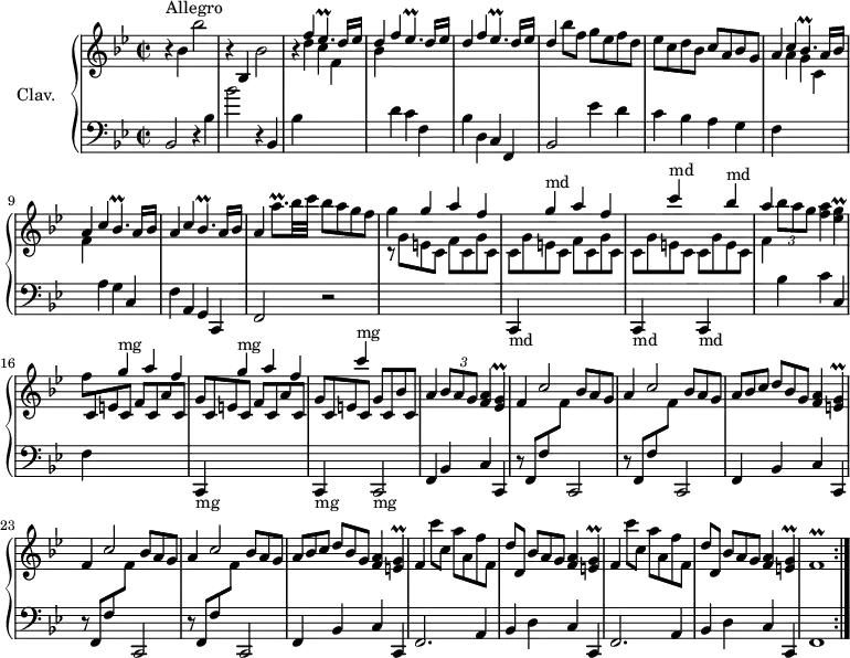 
\version "2.18.2"
\header {
  tagline = ##f
  % composer = "Domenico Scarlatti"
  % opus = "K. 528"
  % meter = "Allegro"
}

%% les petites notes
trillBesp      = { \tag #'print { bes4.\prall } \tag #'midi { c16 bes c bes c bes } }
trillAqpUp     = { \tag #'print { a'8.\prall } \tag #'midi { \times 2/3 { a16 bes a~ } a16 } }
trillEesp      = { \tag #'print { ees4.\prall } \tag #'midi { f16 ees f ees f ees } }
trillEesG      = { \tag #'print { < ees g >4\prall } \tag #'midi { a16 g a g } }
trillEG        = { \tag #'print { < e g >4\prall } \tag #'midi { a16 g a g } }
trillFr        = { \tag #'print { f1\prall } \tag #'midi { g16 f g f~   \tempo 2 = 60 f2.   \tempo 2 = 82 } }

upper = \relative c'' {
  \clef treble 
  \key bes \major
  \time 2/2
  \tempo 2 = 82
  \set Staff.midiInstrument = #"harpsichord"
  \override TupletBracket.bracket-visibility = ##f

  \repeat volta 2 {
      s8*0^\markup{Allegro}
      r4 bes4 bes'2 | r4 bes,,4 bes'2 | r4 \stemUp \repeat unfold 3 { f' \trillEesp  d16 ees | 
      % ms. 6
      d4 } \stemNeutral  bes'8 f g ees f d | ees c d bes c a bes g | a4 \stemUp \repeat unfold 3 { c \trillBesp a16 bes |
      % ms. 11
      a4 } \stemNeutral \trillAqpUp bes32 c bes8 a g f | g4 \stemUp g a f |
      \change Staff = "lower" c,,,4-\markup{md}
      \change Staff = "upper" g''''^\markup{md} a f 
      \change Staff = "lower" c,,,4-\markup{md}
      \change Staff = "upper" c''''^\markup{md}
      \change Staff = "lower" c,,,,4-\markup{md}
      \change Staff = "upper" bes''''^\markup{md}
      % ms. 15
      a4 \stemNeutral \times 2/3 { bes8 a g } < f a >4 \trillEesG | \stemDown f8 \stemUp \repeat unfold 2 { c, e c f c a' c, | g' } c, e c g' c, bes' c, |
      % ms. 19
      a'4 \times 2/3 { bes8 a g } < a f >4 \trillEesG |
      \repeat unfold 2 { f4 c'2 \omit TupletNumber \times 2/3 { bes8 a g } | a4 c2 \omit TupletNumber \times 2/3 { bes8 a g } | \times 2/3 { a8 bes c d[ bes g] } < f a >4 \trillEG } \stemNeutral 
      % ms. 26
      \repeat unfold 2 { f4 c''8[ c,] a' a, f' f, | d'[ d,] \times 2/3 { bes'8 a g } < f a >4 \trillEG } | \trillFr }%repet

}

lower = \relative c' {
  \clef bass
  \key bes \major
  \time 2/2
  \set Staff.midiInstrument = #"harpsichord"
  \override TupletBracket.bracket-visibility = ##f

  \repeat volta 2 {
    % ************************************** \appoggiatura a16  \repeat unfold 2 {  } \times 2/3 { }   \omit TupletNumber 
      bes,2 r4 bes'4 | bes'2 r4 bes,, | bes' \stemDown \change Staff = "upper" d' c f, | bes \stemNeutral \change Staff = "lower" d, c f, bes d, c f, |
      % ms. 6
      bes2 ees'4 d | c bes a g | f \stemDown \change Staff = "upper" a' g c, | f \stemNeutral \change Staff = "lower" a, g c, | f a, g c, |
      % ms. 11
      f2 r2 | \stemDown \change Staff = "upper"  r8 \repeat unfold 2 { g''8 e c f c g' c, | c } g' e c c g' e c |
      % ms. 15
      f4 \stemNeutral \change Staff = "lower" bes,4 c c, | f | 
      \repeat unfold 2 { \stemUp \change Staff = "upper" g''4^\markup{mg} a f 
      \stemNeutral \change Staff = "lower" c,,,4-\markup{mg} }
      \stemUp \change Staff = "upper" c''''4^\markup{mg}
      \stemNeutral \change Staff = "lower" c,,,,2-\markup{mg}
      % ms. 19
      f4 bes c c, | \repeat unfold 2 { \repeat unfold 2 { r8 f8 f' \change Staff = "upper" f' \stemNeutral \change Staff = "lower" c,,2 } | f4 bes c c, } |
      % ms. 26
      \repeat unfold 2 { f2. a4 |
      % ms. 27
      bes4 d c c, } | f1 }%repet

}

thePianoStaff = \new PianoStaff <<
    \set PianoStaff.instrumentName = #"Clav."
    \new Staff = "upper" \upper
    \new Staff = "lower" \lower
  >>

\score {
  \keepWithTag #'print \thePianoStaff
  \layout {
      #(layout-set-staff-size 17)
    \context {
      \Score
     \override SpacingSpanner.common-shortest-duration = #(ly:make-moment 1/2)
      \remove "Metronome_mark_engraver"
    }
  }
}

\score {
  \unfoldRepeats
  \keepWithTag #'midi \thePianoStaff
  \midi { }
}
