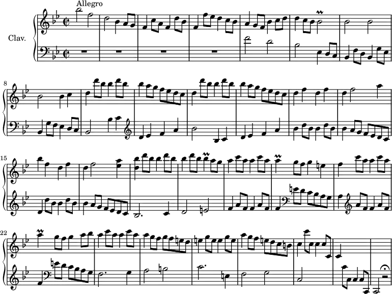
\version "2.18.2"
\header {
  tagline = ##f
  % composer = "Domenico Scarlatti"
  % opus = "K. 360"
  % meter = "Allegro"
}

%% les petites notes
trillBesb     = { \tag #'print { bes2\prall } \tag #'midi { c32 bes c bes~ bes8~ bes4 } }
trillBes      = { \tag #'print { bes4\prall } \tag #'midi { c32 bes c bes~ bes8 } }
trillA        = { \tag #'print { a4\prall } \tag #'midi { bes32 a bes a~ a8 } }

upper = \relative c'' {
  \clef treble 
  \key bes \major
  \time 2/2
  \tempo 2 = 72
  \set Staff.midiInstrument = #"harpsichord"
  \override TupletBracket.bracket-visibility = ##f

      s8*0^\markup{Allegro}
      bes'2 f | d bes4 a8 g | f4 c'8 a f4 d'8 bes | f4 f'8 ees d4 c8 bes |
      % ms. 5
      a4 g8 f bes4 c8 d | d4 c8 bes \trillBesb | bes2 bes | bes bes4 c |
      % ms. 9
      \repeat unfold 2 { d4 \repeat unfold 2 { d'8 bes bes4 } a8 g f ees d c } |
      % ms. 13
      d4 f d f | d f2 a4 | bes f d f | d f2 < ees a >4
      % ms. 17
      < d bes' >4 \repeat unfold 2 { d'8 bes bes4 } d8 bes \trillBes a8 g | \repeat unfold 2 { a4 c8 a } \trillA g8 f g4 e |
      % ms. 21
      f4 c'8 a a4 c8 a | \trillA g8 f g4 a8 bes | \repeat unfold 2 { a4 c8 a } | a4 g8 f g f e d |
      % ms. 25
      \repeat unfold 2 { e4 g8 e } | a4 g8 f e d c b | c4 c'8 c, c4 c8 c, | c4 s2. | s1

}

lower = \relative c' {
  \clef bass
  \key bes \major
  \time 2/2
  \set Staff.midiInstrument = #"harpsichord"
  \override TupletBracket.bracket-visibility = ##f

    % ************************************** \appoggiatura a16  \repeat unfold 2 {  } \times 2/3 { }   \omit TupletNumber 
      R1*4 |
      % ms. 5
      f2 d | bes ees,4 d8 c | bes4 f'8 d bes4 g'8 ees | bes4 g'8 f ees4 d8 c |
      % ms. 9
      bes2  bes'4 c |   \clef treble  d ees f a | bes2 bes,4 c d ees f a |
      % ms. 13
      \repeat unfold 2 { bes4 d8 bes } | bes4 a8 g f ees d c | d4 \repeat unfold 2 { d'8 bes bes4 } a8 g f ees d c |
      % ms. 17
      bes2. c4 | d2 e | \repeat unfold 2 { f4 a8 f } f4  \clef bass e8 d c bes a g |
      % ms. 21
      a4  \clef treble  \repeat unfold 2 { a'8 f f4 }  \clef bass e8 d c bes a g | f2. g4 | a2 b |
      % ms. 25
      c2. e,4 | f2 g | c, s2 | s4 c'8 c, c4 c8 c, | c2 r2\fermata

}

thePianoStaff = \new PianoStaff <<
    \set PianoStaff.instrumentName = #"Clav."
    \new Staff = "upper" \upper
    \new Staff = "lower" \lower
  >>

\score {
  \keepWithTag #'print \thePianoStaff
  \layout {
      #(layout-set-staff-size 17)
    \context {
      \Score
     \override SpacingSpanner.common-shortest-duration = #(ly:make-moment 1/2)
      \remove "Metronome_mark_engraver"
    }
  }
}

\score {
  \keepWithTag #'midi \thePianoStaff
  \midi { }
}

