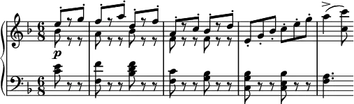 
\version "2.18.2"
\header {
  tagline = ##f
}
upper = \relative c'' {
  \clef treble 
  \key f \major
  \time 6/8
  \tempo 4. = 178 % ± d'après Callas/Votto/RAI 1952
  \tempo "Allegro vivacissimo"
  %\autoBeamOff
 \set Staff.midiInstrument = #"acoustic grand"

  << { e8-.[ r8 g-.] | f-.[ r8 a-.] d,-.[ r8 f-.] | a,-.[ r8 c-.] bes-.[ r8 d-.] } \\ { bes8\p r8 r8  a8 r8 r8  bes8 r8 r8  f8 r8 r8  f8 r8 r8  } >>
  e-. g-. bes-. c-. e-. g-. a4->( < c, c' >8)

}

lower = \relative c' {
  \clef bass
  \key f \major
  \time 6/8
\set Staff.midiInstrument = #"acoustic grand"
    
   \partial 4. < c e >8 r8 r8 < f f, >8 r8 r8 < bes, d f >8 r8 r8 < f c' >8 r8 r8 < g bes >8 r8 r8 < c, g' bes >8 r8 r8 < c e bes' >8 r8 r8 < f a >4.
   
} 

\score {
  \new PianoStaff <<
    \set PianoStaff.instrumentName = #""
    \new Staff = "upper" \upper
    \new Staff = "lower" \lower
  >>
  \layout {
    \context {
      \Score
      \remove "Metronome_mark_engraver"
    }
  }
  \midi { }
}
