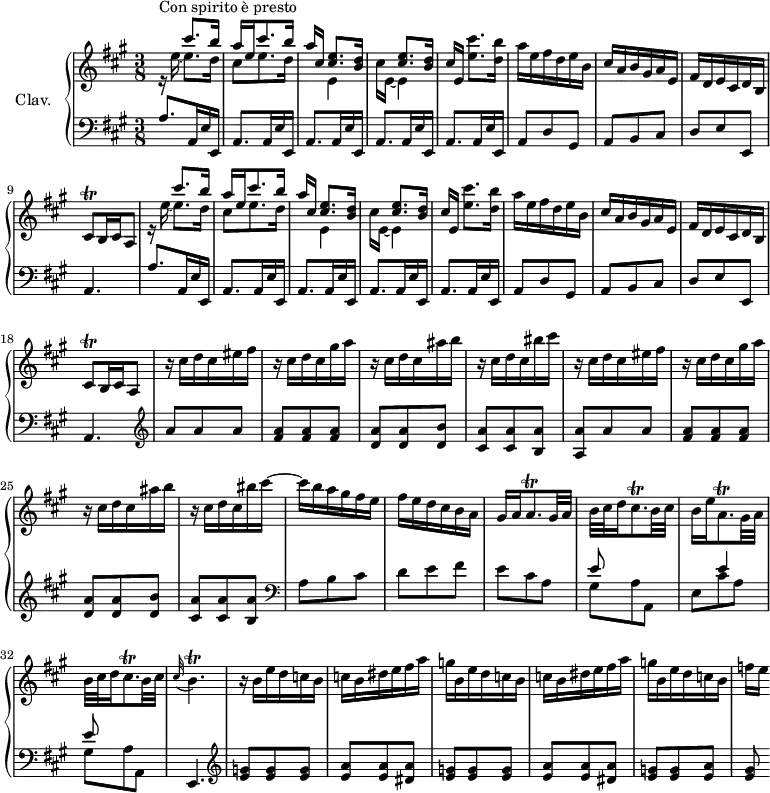 
\version "2.18.2"
\header {
  tagline = ##f
}

%% les petites notes
trillCisq       = { \tag #'print { cis8\trill } \tag #'midi { d32 cis d cis } }
trillCispAppo   = { \tag #'print { \appoggiatura cis32 b4.\trill } \tag #'midi { cis16 b16 cis32 b cis   \tempo 4. = 45 b~ b8   \tempo 4. = 68 } }
trillAqpDown    = { \tag #'print { a,8.\trill } \tag #'midi { b32 a b a~ a16 } }
trillAqp        = { \tag #'print { a8.\trill } \tag #'midi { b32 a b a~ a16 } }
trillCisqp      = { \tag #'print { cis8.\trill } \tag #'midi { d32 cis d cis~ cis16 } }

upper = \relative c'' {
  \clef treble 
  \key a \major
  \time 3/8
  \tempo 4. = 68
  \set Staff.midiInstrument = #"harpsichord"
  \override TupletBracket.bracket-visibility = ##f

    s8*0^\markup{Con spirito è presto}
    \repeat unfold 2 { 
    << { s8 cis'8. b16 | a e cis'8. b16 | a16 cis, < cis e >8.[ < b d >16] | s8 < cis e >8.[ < b d >16] } \\ {r16 e16~ e8.[ d16] | cis8 e8. d16 | s8 e,4 | cis'16 e,~ e4 } >> | cis'16 e, < e' cis' >8.[ < d b' >16]
     % ms. 6
     a'16 e fis d e b | cis a b gis a e | fis d e cis d b | \trillCisq b16 cis   \tempo 4. = 45 a8    \tempo 4. = 68 } | % fin de boucle
     % ms. 19
     \repeat unfold 2 { r16 cis'16 d cis eis fis | r16 cis16 d cis gis' a | r16 cis,16 d cis ais' b | r16 cis,16 d cis bis' cis~ } | % fin de boucle
     % ms. 27
     cis16 b a gis fis e | fis e d cis b a | gis a \trillAqp gis32 a |
     % ms. 30
     b32 cis d16 \trillCisqp b32 cis | b16 e \trillAqpDown gis32 a | b32 cis d16 \trillCisqp b32 cis | \trillCispAppo | r16 b16 e d c b |
     % ms. 35
     \repeat unfold 2 { c16b dis e fis a  | g b, e d c b } | f'16[ e]

}

lower = \relative c' {
  \clef bass
  \key a \major
  \time 3/8
  \set Staff.midiInstrument = #"harpsichord"

    % **************************************
         \repeat unfold 2 { a8. a,16 e' e, | \repeat unfold 4 { a8. a16 e' e, } | a8 d gis, | a b cis | d e e, | a4. }
      % ms. 19
        \clef treble a''8 a a | < fis a >8 q q | < d a' > q < d b' > | < cis a' > q < b a' > | < a a' > a' a |
      % ms. 24
      < fis a >8 q q | < d a' > q < d b' > | < cis a' > q < b a' > |   \clef bass a8 b cis | d e fis e cis a |
      % ms. 30
      << { e'8 s4. e 4 | e8 } \\ { gis, a a, | e' cis' a | gis a a, } >> | e4. |  \clef treble  \repeat unfold 2 { < e'' g >8 q q |
      % ms. 35
      < e a >8 q < dis a' > } | < e g >8 q < e a > | < e gis >

}

thePianoStaff = \new PianoStaff <<
    \set PianoStaff.instrumentName = #"Clav."
    \new Staff = "upper" \upper
    \new Staff = "lower" \lower
  >>

\score {
  \keepWithTag #'print \thePianoStaff
  \layout {
      #(layout-set-staff-size 17)
    \context {
      \Score
     \override SpacingSpanner.common-shortest-duration = #(ly:make-moment 1/2)
      \remove "Metronome_mark_engraver"
    }
  }
}

\score {
  \keepWithTag #'midi \thePianoStaff
  \midi { }
}
