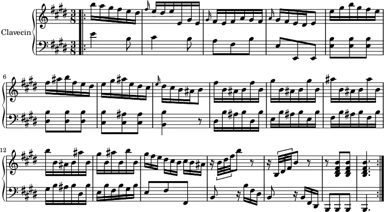 
\version "2.18.2"
\header {
  tagline=##f
}
upper=\relative c'' {
  \clef treble 
  \key e \major
  \time 3/8
  \tempo 4.=58
  \tempo "Allegro"
  \set Staff.midiInstrument=#"harpsichord"

  \bar ".|:" b'16 a gis fis e dis|\grace fis e dis e e, gis e|\grace gis fis16 e fis a gis fis|\grace a gis16 fis e dis e8|
  e'16 gis b gis fis e|fis ais b fis e dis|e gis ais  e dis cis|\grace e dis cis b ais b8|fis'16 b, ais  b fis' b,|
  gis'16 b, ais b gis' b,|ais' b, ais b ais' b,|b'16 b, ais b ais' b,|gis' b, ais' b, b' b,|\times 2/3 { gis'16 fis e } \times 2/3 { dis[ cis b] } \times 2/3 { cis b ais }|
  r16 \times 2/3 { b32 dis fis } b8 r8|r16 \times 2/3 { b,,32 dis fis } b8 r8|r8 < b, dis fis b >8 q q4. \bar ":|."

}

lower=\relative c' {
  \clef bass
  \key e \major
  \time 3/8
  \set Staff.midiInstrument=#"harpsichord"
   
   e4 b8 cis4 b8 a fis b e, e, e < e' b' >8 q q < dis b' > q q < cis b' > < cis ais' > q < b b' >4 r8 
   dis16 b' ais b dis, b'|e, b' ais b e, b'|fis b ais b fis b|gis b ais b dis, b'|e, b' fis b gis b|e,8 fis fis,|b r16 b'16 fis dis b8 r16 b16 fis dis b8 b b b4.
}

\score {
  \new PianoStaff <<
    \set PianoStaff.instrumentName=#"Clavecin"
    \new Staff="upper" \upper
    \new Staff="lower" \lower
  >>
  \layout {
    \context {
      \Score
      \omit TupletNumber
      \remove "Metronome_mark_engraver"
    }
  }
  \midi { }
}
