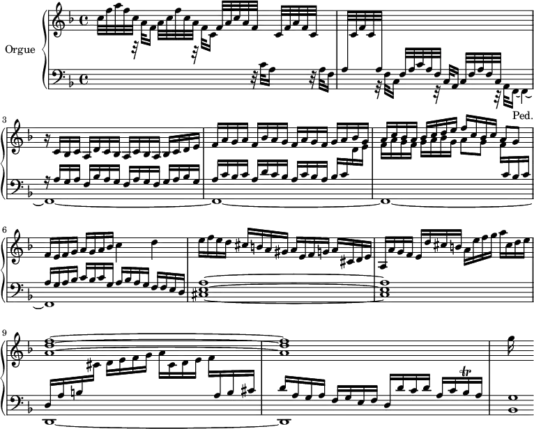 \version "2.18.2"
\header {
tagline=##f
% composer="Johann Pachelbel"
% opus=""
% meter=""
}
%% les petites notes
trillBesqq ={ \tag #'print { bes16\trill } \tag #'midi { \times 2/3 { bes32 a bes } } }
upper=\relative c'' {
\clef treble
\key f \major
\time 4/4
\tempo 4=78
\set Staff.midiInstrument=#"church organ"
\override TupletBracket.bracket-visibility=##f
c32 f a f c s32 s16 a32 c f c a s32 s16 f32 a c a f s32 s16 c32 f a f c s32 s16| \stemUp \change Staff="lower" a32 \change Staff="upper" c f c \stemUp \change Staff="lower" a s32 s16 f32 a c a f s32 s16 c32 f a f c s32 s16 s4|\stemNeutral \change Staff="upper"
% ms. 3
r16 c'16 bes c a d c bes a c bes a bes c d e|f a g a f bes a g f a g f g a bes g|\stemUp a c bes a bes c d e f c bes c a8 g \stemNeutral|
% ms. 6
f16 e f g a g a bes c4 d|e16 f e d cis b a gis a e f g a cis, d e|a, a' g f e d' cis b a e' f g a cis, d e|
% ms. 9
< a, d f >1^~ q|g'16
}
lower=\relative c' {
\clef bass
\key f \major
\time 4/4
\set Staff.midiInstrument=#"church organ"
\override TupletBracket.bracket-visibility=##f
% **************************************
\stemDown \change Staff="upper" s8 r32 a'32 f16 s8 r32 f32 c16 \stemNeutral \change Staff="lower" s8 r32 c32 a16 s8 r32 a32 f16|s8 r32 f32 c16 s8 r32 c32 a16
% ms. fin 2…
<< { s2 r16 a'16 g a f bes a g f a g f g a bes g|a c bes c a d c bes a c bes a bes c \stemDown \change Staff="upper" d16 e|f a g f g a bes g a8 g f16 \stemUp \change Staff="lower" c16 bes c|
%. ms. 6
a16 g a bes c bes c g a bes a g f f e d }
\\ { s8 r32 a32 f16~_\markup{Ped.} f4~|f1~ f~ f~ f~ } >>
% ms. 7
< cis' e a >1~ q
% ms. 9
<< { d16 a' b \stemDown \change Staff="upper" cis d e f g a cis, d e f \stemUp \change Staff="lower" a,16 b cis|d a g a f g e f d d' c d a c \trillBesqq a16 } \\ { d,,1~ d } >>|< bes' g' >1*1/8
}
thePianoStaff=\new PianoStaff <<
\set PianoStaff.instrumentName=#"Orgue"
\new Staff="upper" \upper
\new Staff="lower" \lower
>>
\score {
\keepWithTag #'print \thePianoStaff
\layout {
#(layout-set-staff-size 17)
\context {
\Score
\override SpacingSpanner.common-shortest-duration=#(ly:make-moment 1/2)
\remove "Metronome_mark_engraver"
}
}
}
\score {
\keepWithTag #'midi \thePianoStaff
\midi { }
}