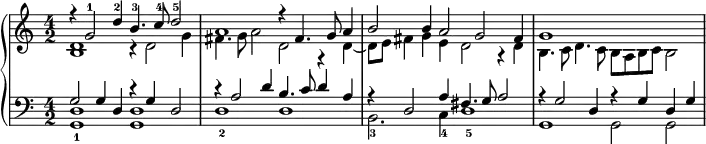 
\version "2.14.2"
\header {
  tagline = ##f
}
upper = \relative c' {
  \clef treble 
  \key a \minor
  \time 4/2
  \tempo 2 = 50
  \autoBeamOff
  \set Staff.midiInstrument = #"harpsichord"

    << { r4 g'2^1 d'4^2 b4.^3 c8^4 d2^5 } \\ { << d,1 b1 >> r4 d2 g4 } >> 
    << { a1 r4 fis4. g8 a4 } \\ { fis4. g8 a2 d, r4 d4~ } >> 
    << { b'2 b4 a2 g fis4 } \\ { d8 e fis4 g e d2 r4 d4 } >> 
    << { g1 } \\ { b,4. c8 d4. c8 b a b c b2 } >> 
   % << { a'4\rest g4~ g16 d e f g a b c } \\ { s4 << d,2 b >> } >> 
   % << { d'4. c8 b a b4 } \\ { s2 s4 g4 } \\ { << g1 d >> }  >>

}

lower = \relative c {
  \clef bass
  \key a \minor
  \time 4/2
  \set Staff.midiInstrument = #"harpsichord"

    << { g'2 g4 d r4 g4 d2 } \\ { << d1 g,1_1 >> << d'1 g,1 >> } >> 
    << { r4 a'2 d4 b4. c8 d4 a } \\ { d,1_2 d } >> 
    << { r4 d2 a'4 fis4. g8 a2 } \\ { b,2._3 c4_4 d1_5 } >> 
    << { r4 g2 d4 r4 g4 d g } \\ { g,1 g2 g } >> 
   % << { g'2 g4 d } \\ { << d1 g,1 >> } >> 
   % << { r4 g'4~ g16 d e f g a b c } \\ { << d,1 g,1 >> } >> 
}

\score {
  \new PianoStaff <<
    \set PianoStaff.instrumentName = #""
    \new Staff = "upper" \upper
    \new Staff = "lower" \lower
  >>
  \layout {
    \context {
      \Score
      \remove "Metronome_mark_engraver"
    }
  }
  \midi { }
}
