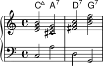 <<
\new ChordNames \chordmode {
c2:maj a2:7 d2:7 g:7
}
\new PianoStaff << \new Staff \relative c'{
< e g b > < cis e g > < fis a c> <b d f> }
\new Staff { \clef bass c2 a2 d2 g,2 }>>
>>
