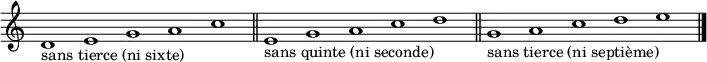 
{
\new Staff \with { \remove "Time_signature_engraver" }
\clef treble
\time 5/1

d'1_"sans tierce (ni sixte)" e' g' a' c'' \bar "||"

e'_"sans quinte (ni seconde)" g' a' c'' d'' \bar "||"

g'_"sans tierce (ni septième)" a' c'' d'' e'' \bar "||"

\bar "|."
}
