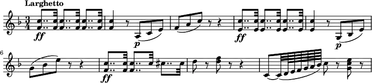 
\new Staff \with {
  midiInstrument = "violin"
}
\relative c'' {
    \version "2.18.2"
    \key f \major
    \time 3/4
    \tempo "Larghetto"
    \tempo 8 = 72
    
     <f, c'>8.. \ff <f c'>32 <f c'>8.. <f c'>32 <f c'>8.. <f c'>32
     <f c'>4  r8 a,8 \p (c8 e8)
     f8 (a8 c8) r8 r4
     <e, c'>8.. \ff <e c'>32 <e c'>8.. <e c'>32 <e c'>8.. <e c'>32
     <e c'>4  r8 g,8 \p (bes8 e8)
     g8 (bes8 e8) r8 r4
     <f, c'>8.. \ff <f c'>32 <f c'>8.. c'32 cis8.. cis32
     d8 r8 <d f>8 r8 r4
     c,8~ c32 (d64 e64 f64 g64 a64 bes64) c8 r8 <g c e>8 r8
}
