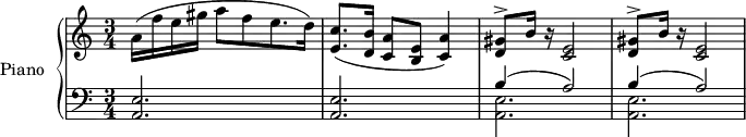 
\version "2.14.2"
\header {
  tagline = ##f
}
 quinte = { < e a, >2. }
 ninner = { < d gis >8^> b'16 r16 < c, e >2 }

upper = \relative c'' {
  \clef treble
  \key a \minor
  \time 3/4
  \tempo 4 = 55
  %\autoBeamOff

    %%%% mesures 49 sqq (= 27 sqq) Ajouter la voix et les deux autres répétitions
    a16( f' e gis a8[ f e8. d16]) | < e, c' >8.( < d b' >16 < c a' >8 < b e > < c a' >4) |
    \ninner \ninner

}

lower = \relative c {
  \clef bass
  \key a \minor
  \time 3/4

   \quinte \quinte << { b'4( a2) } \\ { \quinte } >>
   << { b'4( a2) } \\ { \quinte } >>
}

\score {
  \new PianoStaff <<
    \set PianoStaff.instrumentName = #"Piano"
    \new Staff = "upper" \upper
    \new Staff = "lower" \lower
  >>
  \layout {
    \context {
      \Score
      \remove "Metronome_mark_engraver"
    }
  }
  \midi { }
}
