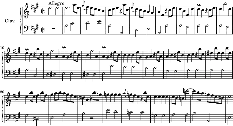 
\version "2.18.2"
\header {
  tagline = ##f
}

%% les petites notes
trillD     = { \tag #'print { d4\prall } \tag #'midi { e16 d e d } }
trillA     = { \tag #'print { a4\prall } \tag #'midi { b16 a b a } }

upper = \relative c'' {
  \clef treble 
  \key a \major
  \time 2/2
  \tempo 2 = 90
  \set Staff.midiInstrument = #"harpsichord"

    e2^\markup{Allegro} e | e2. a8 e  | \appoggiatura gis16 fis4 e8 d  cis4 b | cis8 d e4 r4 a8 cis, | 
    % ms. 5
    \appoggiatura e16 d4 cis8 b a4 gis | a e r4 cis'8 e | d4 b e, d' | \trillD cis4 r4 cis8 e | d4 b'2 d,4 | 
    % ms. 10
    \trillD cis4 r4 a'8 cis, | b4 fis'2 a,4 | \trillA gis4 r4 e'8 b | b4 fis'2 a,4 | \trillA gis4 r4 e'8 b | 
    % ms. 15
    b4 b b e8 gis, | gis4 a r4 e'8 a, | a4 b r4 e8 b | b4 cis r4 a'8 cis, |
    % ms. 19
    dis4 b'8 dis, dis4 b'8 dis, | e4 b'8 e, fis4 b8 fis | gis4 a8 b a gis fis e | dis4 b r4 b'8 g |
    % ms. 23
    g4 g g g | \appoggiatura a16 g8 fis e4 r4 b'8 e, | e4 e e e | e8 d c4 c'2~ | c4 b8 a g fis e dis |
    % ms. 28
    e2 
 
}

lower = \relative c' {
  \clef bass
  \key a \major
  \time 2/2
  \set Staff.midiInstrument = #"harpsichord"

    % **************************************
    R1 | a2 cis | d e | a, a, | d e | \tempo 2 = 85 a, \tempo 2 = 90 a' | a gis | a a | a gis | a cis, | d dis | e e | dis dis | \tempo 2 = 85 e \tempo 2 = 90 e' | d d | cis cis | gis gis | a a | 
    % ms. 19
    a2 a | gis dis | e a | b r2 | e d | c c | g g | a a | b b, | e % e | e' d | c c | c r2


} 

thePianoStaff = \new PianoStaff <<
    \set PianoStaff.instrumentName = #"Clav."
    \new Staff = "upper" \upper
    \new Staff = "lower" \lower
  >>

\score {
  \keepWithTag #'print \thePianoStaff
  \layout {
      #(layout-set-staff-size 17)
    \context {
      \Score
     \override SpacingSpanner.common-shortest-duration = #(ly:make-moment 1/2)
      \remove "Metronome_mark_engraver"
    }
  }
}

\score {
  \keepWithTag #'midi \thePianoStaff
  \midi { }
}
