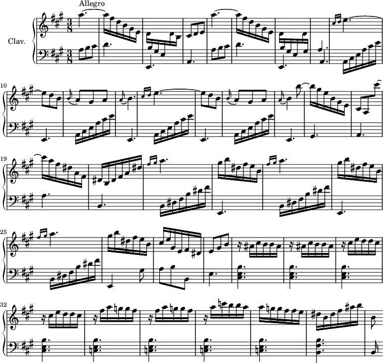 
\version "2.18.2"
\header {
  tagline = ##f
  % composer = "Domenico Scarlatti"
  % opus = "K. 321"
  % meter = "Allegro"
}

%% les petites notes
%trillBesp     = { \tag #'print { bes4.\prall } \tag #'midi { c32 bes c bes~ bes4 } }

upper = \relative c'' {
  \clef treble 
  \key a \major
  \time 3/8
  \tempo 4. = 72
  \set Staff.midiInstrument = #"harpsichord"
  \override TupletBracket.bracket-visibility = ##f

      s8*0^\markup{Allegro}
      a'4.~ a16 fis d b gis e | \stemDown d  \stemUp  \change Staff = "lower" b gis e \stemDown \change Staff = "upper" d' b | \stemNeutral cis8 d e | a'4.~ a16 fis d b gis e |
      % ms. 7
      \stemDown d16  \stemUp  \change Staff = "lower" b gis e \stemDown \change Staff = "upper" d' \stemUp  \change Staff = "lower" gis,  | a4.  | \stemNeutral \change Staff = "upper"  \grace {   \tempo 4. = 35 cis'16 d }   \tempo 4. = 72 e4.~ | e8 d b | \appoggiatura b16 a8 gis a | \appoggiatura a16 b4. | \grace {   \tempo 4. = 35 cis16 d }   \tempo 4. = 72 e4.~ |
      % ms. 14
      e8 d b | \appoggiatura b16 a8 gis a | \appoggiatura a16 b4 b'8~ | b16 gis e b gis e | cis8 a cis''8~ | cis16 a fis dis a fis |
      % ms. 20
      dis16 b dis fis a dis | \repeat unfold 3 { \grace {   \tempo 4. = 35 fis16 gis }   \tempo 4. = 72 a4. | gis16 b dis, fis e b } |  
      % ms. 27
      cis16 e gis, e fis dis | e8 gis b | \repeat unfold 2 { r16 ais16 cis b b ais } | \repeat unfold 2 { r16 cis16 e d d cis } |
      % ms. 33
      \repeat unfold 2 { r16 fis16 a g g fis } | r16 a16 c b b a | a g g fis fis e | dis b dis fis ais b |
      % ms. 38
      b,8

}

lower = \relative c' {
  \clef bass
  \key a \major
  \time 3/8
  \set Staff.midiInstrument = #"harpsichord"
  \override TupletBracket.bracket-visibility = ##f

    % ************************************** \appoggiatura a16  \repeat unfold 2 {  } \times 2/3 { }   \omit TupletNumber 
      \repeat unfold 2 { a8 b cis | d4. | e,, | \shiftOn a } |
      % ms. 9
      \repeat unfold 4 { a16 cis e a cis e | e,,4. }
      % ms. 17
      gis4. a a' |
      % ms. 20
      b,4. | \repeat unfold 2 { b16 dis fis b dis fis | e,,4. } | b'16 dis fis b dis fis |
      % ms. 24
      e,,4  gis'8 | a b b, | e4. | < cis e b' >4. q q |
      % ms. 32
      q | < c e b' >4. q q q | < b fis' b >4.
      % ms. 38
      b16

}

thePianoStaff = \new PianoStaff <<
    \set PianoStaff.instrumentName = #"Clav."
    \new Staff = "upper" \upper
    \new Staff = "lower" \lower
  >>

\score {
  \keepWithTag #'print \thePianoStaff
  \layout {
      #(layout-set-staff-size 17)
    \context {
      \Score
     \override SpacingSpanner.common-shortest-duration = #(ly:make-moment 1/2)
      \remove "Metronome_mark_engraver"
    }
  }
}

\score {
  \keepWithTag #'midi \thePianoStaff
  \midi { }
}

