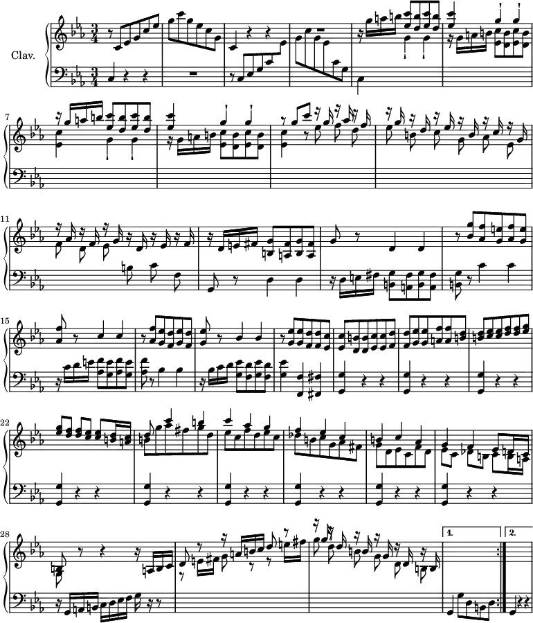 
\version "2.18.2"
\header {
  tagline = ##f
  % composer = "Domenico Scarlatti"
  % opus = "K. 84"
  % meter = ""
}

%% les petites notes
%trillBesp     = { \tag #'print { bes4.\prall } \tag #'midi { c32 bes c bes~ bes4 } }

upper = \relative c'' {
  \clef treble 
  \key c \minor
  \time 3/4
  \tempo 4 = 122
  \set Staff.midiInstrument = #"harpsichord"
  \override TupletBracket.bracket-visibility = ##f

  \repeat volta 2 {
      % s8*0^\markup{Allegro}
      r8 c,8 ees g c ees g c g ees  c g | c,4 r4 r4 R2. |
      % ms. 5
      \repeat unfold 2 { r16 g''16 a b \stemUp < ees, c' >8 < d b' > < ees c' > < d b' > | < ees c' >4 g^! g^! } | 
      % ms. 9
      r8 g8 c r16 g16 r16 aes16 r16 f16 | r16 g16 r16 d r16 ees r16 b r16 c r16 g | r16 aes r16 f r16  g r16 d r16  ees r16 f
      % ms. 12
      r16 d16 e fis < b, g' >8 < a fis' > < b g' > < a fis' > | g'8 r8 d4 d | r8 < bes' g' >8 < aes f' > < g e' > < aes f' > < g e' > | < aes f' > r8 c4 c |
      % ms. 16
      r8 < aes f' >8 < g ees' > < f d' > < g ees' > < f d' > |  < g ees' >8 r8 bes4 bes | r8 < g ees' >8 q < f d' > q < ees c' > | q < d b' > q < ees c' > q < f d' > |
      % ms. 20
      < f d' >8 < g ees' > q < a f' > q < b d > | q < c ees >8 q < d f >8 q < ees g >8 | q < d f >8 q < c ees >8 q < b d >16 < a c  > << { d8 s8 c'4 b | c aes g } \\ { b,8 g' aes fis g d | ees c f d ees c } >>
      % ms. 25
      << { f4 ees c | b c aes | g f ees8 d16 c | b8 } \\ { des'8 b c g aes fis | g d ees c f d | ees c des b c b16 a | g8 } >> r8 r4 r16 a16 b c |
      % ms. 29
      d8 r8 r16 a'16 b c d8 r8 | r16 g16  r16 d16  r16 b16  r16 g16  r16 d16  r16 b16 }%reprise
      \alternative {
      { s2. }
      { s2. }
      }%alternative
}

lower = \relative c' {
  \clef bass
  \key c \minor
  \time 3/4
  \set Staff.midiInstrument = #"harpsichord"
  \override TupletBracket.bracket-visibility = ##f

  \repeat volta 2 {
    % **************************************
      c,4 r4 r4 | R2. | r8 c8 ees g c \stemDown \change Staff = "upper"  ees g c g ees \change Staff = "lower"  c g |
      % ms. 5
      c,4 \stemDown \change Staff = "upper" \repeat unfold 2 { g''_! g_! | r16 g16 a b < ees, c' >8 < d b' > < ees c' > < d b' > | < ees c' >4 }
      % ms. 9 suite
      r8 \autoBeamOff ees'8 f d | ees b c g aes ees | f d ees \stemNeutral \change Staff = "lower" b c f, \autoBeamOn |
      % ms. 12
      g,8 r8 d'4 d | r16 d16 e fis < b, g' >8 < a fis' > < b g' > < a fis' > | < b g' >8 r8 c'4 c | r16 c16 d e < aes, f' >8 < g e' > < aes f' > < g e' > | 
      % ms. 16
       < aes f' >8 r8 bes4 bes | r16 bes16 c d < g, ees' >8 < f d' > < g ees' > < f d' > | < g ees' >4 < f, f' >4 < fis fis' > |
      % ms. 19
      \repeat unfold 9 { < g g' >4 r4 r4 } |
      % ms. 28
      r16 g16 a b c d ees f  g r16 r8  \stemDown \change Staff = "upper" r8 e'16 fis g8 r8 r8 e'16 fis | \autoBeamOff g8 d b g d b | }%reprise
      \alternative {
      { \autoBeamOn \stemNeutral \change Staff = "lower" g,4 g'8 d b d | }
      { g,4 r4 r4 }
      }% alternative

}

thePianoStaff = \new PianoStaff <<
    \set PianoStaff.instrumentName = #"Clav."
    \new Staff = "upper" \upper
    \new Staff = "lower" \lower
  >>

\score {
  \keepWithTag #'print \thePianoStaff
  \layout {
      #(layout-set-staff-size 17)
    \context {
      \Score
     \override SpacingSpanner.common-shortest-duration = #(ly:make-moment 1/2)
      \remove "Metronome_mark_engraver"
    }
  }
}

\score {
  \unfoldRepeats
  \keepWithTag #'midi \thePianoStaff
  \midi { }
}
