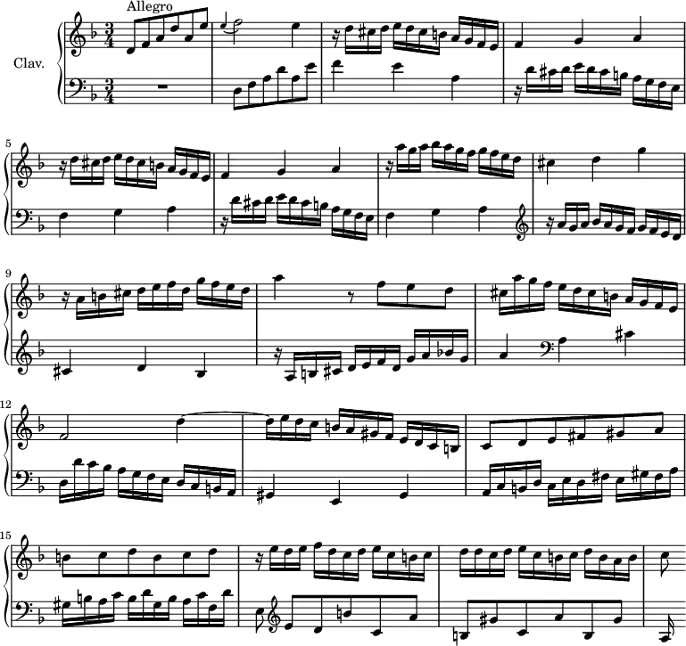 
\version "2.18.2"
\header {
  tagline = ##f
  % composer = "Domenico Scarlatti"
  % opus = "K. 191"
  % meter = "Allegro"
}

%% les petites notes
trillBesp     = { \tag #'print { bes4.\prall } \tag #'midi { c32 bes c bes~ bes4 } }

upper = \relative c'' {
  \clef treble 
  \key d \minor
  \time 3/4
  \tempo 4 = 92  \set Staff.midiInstrument = #"harpsichord"
  \override TupletBracket.bracket-visibility = ##f

      s8*0^\markup{Allegro}
      d,8 f a d a e' | \appoggiatura e4 f2 e4 | \repeat unfold 2 { r16 d16 cis d e d cis b a g f e |
      % ms. 4
      f4 g a }
      % ms. 7
      r16 a'16 g a bes a g f g f e d | cis4 d g | r16 a,16 b cis d e f d g f e d |
      % ms. 10
      a'4 r8 f8 e d | cis16 a' g f e d cis b a g f e | f2 d'4~ |
      % ms. 13
      d16 e d c b a gis f e d c b | c8 d e fis gis a | b c d b c d |
      % ms. 16 
      r16 e16 d e f d c d e c b c | d d c d e c b c d b a b | c8

}

lower = \relative c' {
  \clef bass
  \key d \minor
  \time 3/4
  \set Staff.midiInstrument = #"harpsichord"
  \override TupletBracket.bracket-visibility = ##f

    % ************************************** \appoggiatura \repeat unfold 2 {  } \times 2/3 { }
      R2. | d,8 f a d a e' | f4 e a, |
      % ms. 4
      \repeat unfold 2 { r16 d16 cis d e d cis b a g f e | f4 g a } |   \clef treble 
      % ms. 8
      r16 a' g a bes a g f g f e d | cis4 d bes |  
      % ms. 10
      r16 a b cis d e f d g a bes! g | a4   \clef bass a, cis | d,16 d' c bes  a g f e  d c b a |
      % ms. 13
      gis4 e gis | a16 c b d c e d fis e gis fis a | gis b a c b d gis, b a c f, d' |
      % ms. 16
      e,8  \clef treble  e'[ d b' c, a'] | b, gis' c, a' b, gis' | a,16

}

thePianoStaff = \new PianoStaff <<
    \set PianoStaff.instrumentName = #"Clav."
    \new Staff = "upper" \upper
    \new Staff = "lower" \lower
  >>

\score {
  \keepWithTag #'print \thePianoStaff
  \layout {
      #(layout-set-staff-size 17)
    \context {
      \Score
     \override SpacingSpanner.common-shortest-duration = #(ly:make-moment 1/2)
      \remove "Metronome_mark_engraver"
    }
  }
}

\score {
  \keepWithTag #'midi \thePianoStaff
  \midi { }
}
