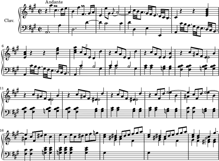 
\version "2.18.2"
\header {
  tagline = ##f
  % composer = "Domenico Scarlatti"
  % opus = "K. 219"
  % meter = "Andante"
}

%% les petites notes
trillCispDown     = { \tag #'print { cis,4.\prall } \tag #'midi { d32 cis d cis~ cis4 } }
trillFispDown     = { \tag #'print { fis,4.\prall } \tag #'midi { gis32 fis gis fis~ fis4 } }
appoGisAb         = { \tag #'print { \appoggiatura gis8 a2~ } \tag #'midi { gis8 a4.~ } }

upper = \relative c'' {
  \clef treble 
  \key a \major
  \time 2/2
  \tempo 2 = 52
  \set Staff.midiInstrument = #"harpsichord"
  \override TupletBracket.bracket-visibility = ##f

      s8*0^\markup{Andante}
      r4 a'4 \trillCispDown d16 e  | b4 fis' \trillFispDown gis16 a | e4 e'8 gis, \appoGisAb | a4 cis32 b a8. gis32 fis e8. d32 cis b8. |
      % ms. 5
      cis4 r4 r4 < e gis b d >4 | < e a cis > r4 r4 | < b' e gis > < cis e a > \repeat unfold 2 { \times 2/3 { cis8 a e } d4 d' | r4   \omit TupletNumber }   \omit TupletNumber
      % ms. 9 suite
      \times 2/3 { cis8 a e } e4 < e b' > | \repeat unfold 2 { << { b'4\rest   \omit TupletNumber \times 2/3 { cis8 ais fis } e4 b' } \\ { s2 e,2 } >> } | << { b'4\rest   \omit TupletNumber \times 2/3 { cis8 ais fis } eis4 d' } \\ { s2 eis,2 } >>
      % ms. 13
      << { b'4\rest   \omit TupletNumber \times 2/3 { cis8 a fis } eis4 d' } \\ { s2 eis,2 } >> | r4 \repeat unfold 2 { << {   \omit TupletNumber \times 2/3 { cis'8 fis, d' } e2~ | e4 } \\ { s4 e4 b | ais } >> } \times 2/3 { cis8 fis, dis' } \repeat unfold 2 { e4 cis } |
      % ms. 21 suite
      \times 2/3 { e8 cis dis } \times 2/3 { e8[ fis g] } | \repeat unfold 2 { < cis, e >4 \stemUp < bis dis >  \times 2/3 { cis8 dis e } \times 2/3 { fis8[ gis a] } } | < cis, e >4 < b d > << { cis4 gis'~ \hideNotes gis16*0 } \\ { \shiftOn b,2 } >> % A poursuivre jusqu'à mesure 26 environ

}

lower = \relative c' {
  \clef bass
  \key a \major
  \time 2/2
  \set Staff.midiInstrument = #"harpsichord"
  \override TupletBracket.bracket-visibility = ##f

    % ************************************** \appoggiatura a8  \repeat unfold 2 {  } \times 2/3 { }   \omit TupletNumber 
      a,2. a'4 | d,2.  d'4~ |  d cis2  cis4 | d d, e e, |
      % ms. 5
      \repeat unfold 2 { a4 cis'32 b a8. gis32 fis e8. d32 cis b8. } | a4 << { cis'4 b2 | cis4 cis b2 } \\ { a2 gis4 | a a2 gis4 } >>
      % ms. 9
      < a cis>4 q < g b >4 q | \repeat unfold 2 { < fis b cis >4 q < g b cis > q } | < fis b cis >4 q < gis b > q |
      % ms. 13
      < a cis >4 q < gis b > q | < a cis > q \repeat unfold 2 { < g b > q | < fis cis' > q } < g cis e >4 q |
      % ms. 17
      q q q q | \repeat unfold 2 { gis4  \stemDown \change Staff = "upper"  gis' a fis  \change Staff = "lower" } | \stemDown \change Staff = "upper" gis4 fis < eis gis >4 q

}

thePianoStaff = \new PianoStaff <<
    \set PianoStaff.instrumentName = #"Clav."
    \new Staff = "upper" \upper
    \new Staff = "lower" \lower
  >>

\score {
  \keepWithTag #'print \thePianoStaff
  \layout {
      #(layout-set-staff-size 17)
    \context {
      \Score
     \override SpacingSpanner.common-shortest-duration = #(ly:make-moment 1/2)
      \remove "Metronome_mark_engraver"
    }
  }
}

\score {
  \keepWithTag #'midi \thePianoStaff
  \midi { }
}
