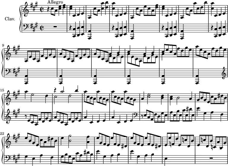 
\version "2.18.2"
\header {
  tagline = ##f
}

upper = \relative c'' {
  \clef treble 
  \key a \major
  \time 2/2
  \tempo 2 = 98
  \set Staff.midiInstrument = #"harpsichord"

     r4^\markup{Allegro} cis8 a < cis e >4 < d fis > | < cis e > cis, d e | a, cis'8 a < cis a' >4 < d b' > | < cis a' > cis, d e | a, cis'8 a e' cis a < d fis >
     % ms. 6
     < cis e >4 cis, d e | a, cis'8 a a' cis, d b' | < cis, a' >4 cis, d e | a,8 e' cis a  fis' d gis e | a e cis a  fis' d gis e |
     % ms. 11
     a8 e cis a << { a'4 b | cis s4 a b | cis8 e cis a } \\ { fis8 d gis e |  a e cis a fis' d gis e | a4 } >> fis'8 d gis e | a e cis a  fis' d gis e | 
     % ms. 15
     a4 e2 d4 | << { r4 a'2 b4 } \\ { cis,2 d } >> \repeat unfold 2 { a'8 cis, b a  a' b, a gis } |
     % ms. 19
     a4 < cis e >2 < b d >4 | < a cis >4 b2 a4 | gis8 b gis e  cis' a dis b | e b gis e  cis' a dis b | 
     % ms. 23
     e4 < b gis' >2 < a fis' >4 | \repeat unfold 2 { e'8 gis, fis e  e' fis, e dis } e e' f, d' e, c' d, b' | 
     % ms. 27
     e, c' d, b' c, a' b, gis'

}

lower = \relative c {
  \clef bass
  \key a \major
  \time 2/2
  \set Staff.midiInstrument = #"harpsichord"

    % **************************************
      R1 | \repeat unfold 4 { r4 < cis, cis' >4 < d d' > < e e' > < a, a' > s2. } | \repeat unfold 5 { < a a' >4 s2. } | 
      % ms. 15
      \clef treble  r8 e'''8 cis a fis' d gis e | a e8 cis a fis' d gis e | \repeat unfold 2 { a4 cis, d e } | 
      % ms. 19
      \clef bass r8 e,8 cis a fis' d gis e | a e b' e, cis' e, dis' e, | e'4 gis, a fis | gis e a fis | 
      % ms. 23
      gis8 b gis e cis' a dis b | e4 gis, a b | e gis, a b | e, s2. | R1

}

thePianoStaff = \new PianoStaff <<
    \set PianoStaff.instrumentName = #"Clav."
    \new Staff = "upper" \upper
    \new Staff = "lower" \lower
  >>

\score {
  \keepWithTag #'print \thePianoStaff
  \layout {
      #(layout-set-staff-size 17)
    \context {
      \Score
     \override SpacingSpanner.common-shortest-duration = #(ly:make-moment 1/2)
      \remove "Metronome_mark_engraver"
    }
  }
}

\score {
  \keepWithTag #'midi \thePianoStaff
  \midi { }
}
