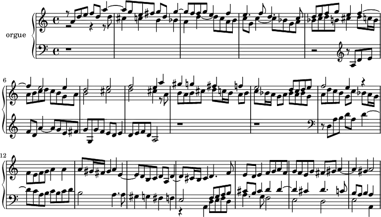 
\version "2.18.2"
\header {
  tagline = ##f
}

tema = { r8 a8 d e f d a'4~ a8 g e fis g }
temabasse = { r8 d8 a' b d a d4~ d8 c a b c }

upper = \relative c'' {
  \clef treble 
  \key c \major
  \time 4/4
  \tempo 4 = 105
  \set Staff.midiInstrument = #"church organ"

    << { \tema d g4~ g8 f f g e4 f | e4. f8 d4. c8 } \\ { r2 r4 r8 d8 | cis4 c b bes | a d~ d8 c a b | c g c4~ c8 bes g a } >>
    % Ms 5
    << { d8 e f g e4 f~ | f e2 e4 | d2 e | f e4 a } \\ { bes,8 c d b cis4 d8 c!16 b | a8 b c d c b g a | b2 cis | d cis4 r8 a8 } >>
    % Ms 9
    << { gis'4 g fis f | e2 d8 c d e | f2 e4 r4 } \\ { b8 a b cis d8 c!16 b a8 b | c bes16 a g8 a bes a bes g | a d c b g c bes a16 g | f8 e f g a4 a~ } >>
    % Ms 13
    a8 gis16 fis gis4 a e~ | e8 d b c d a d4~ | d8 cis16 b cis4 d4. f8 | e8 d e4 f8 g a f | g f e g fis gis a4~ a gis a2

}

lower = \relative c' {
  \clef bass
  \key c \major
  \time 4/4
  \set Staff.midiInstrument = #"church organ"

    r1*4 r2 \clef treble  \tema g,8 g' f e d e4 | d8 e f d a2 r1 r1
    \clef bass
    % Ms 11
    { \relative c \temabasse } b8 c d | b2 a4. a8 | gis4 g fis f | 
   << { e2 f8 g a b | cis b cis4 d4 d~ d cis d4. c!8 b a b4 a s4 } \\ { r4 a,4 d8 e f d a'4. g8 f2 | e d e2 a,4 } >>

}

\score {
  \new PianoStaff <<
    \set PianoStaff.instrumentName = #"orgue"
    \new Staff = "upper" \upper
    \new Staff = "lower" \lower
  >>
  \layout {
      #(layout-set-staff-size 17)
    \context {
      \Score
      \override SpacingSpanner.common-shortest-duration = #(ly:make-moment 1/2)
      \remove "Metronome_mark_engraver"
    }
  }
  \midi { }
}
