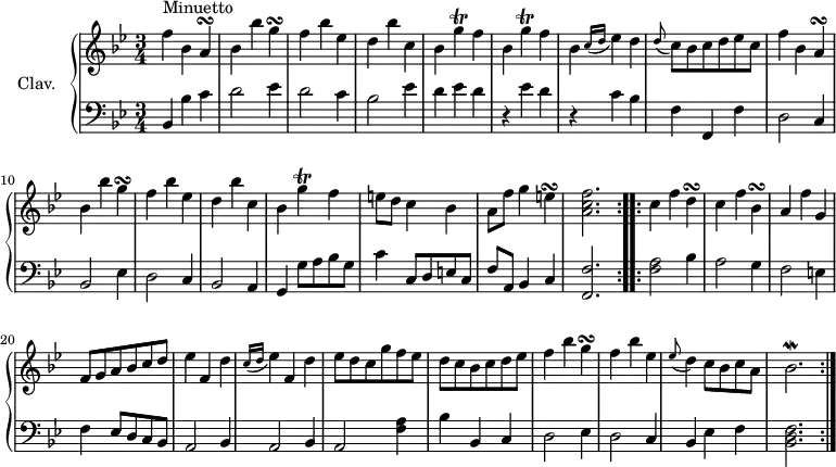 
\version "2.18.2"
\header {
  tagline = ##f
  % composer = "Domenico Scarlatti"
  % opus = "K. 42"
  % meter = "Minuetto"
}

%% les petites notes
trillGUp      = { \tag #'print { g'4\trill } \tag #'midi { a32 g a g~ g8 } }
turnA         = { \tag #'print { a4\turn } \tag #'midi { \times 2/3 { bes16 a g } a8 } }
turnG         = { \tag #'print { g4\turn } \tag #'midi { \times 2/3 { a16 g f } g8 } }
turnE         = { \tag #'print { e4\turn } \tag #'midi { \times 2/3 { f16 e d } e8 } }
turnD         = { \tag #'print { d4\turn } \tag #'midi { \times 2/3 { ees16 d c } d8 } }
turnBesDown   = { \tag #'print { bes,4\turn } \tag #'midi { \times 2/3 { c16 bes a } bes8 } }
trillBesMor   = { \tag #'print { bes2.\mordent } \tag #'midi { a4 bes32 a bes16~ bes8~ \tempo 4 = 62 bes4 } }

upper = \relative c'' {
  \clef treble 
  \key bes \major
  \time 3/4
  \tempo 4 = 112
  \set Staff.midiInstrument = #"harpsichord"
  \override TupletBracket.bracket-visibility = ##f

  \repeat volta 2 {
      s8*0^\markup{Minuetto}
      f4 bes, \turnA | bes4 bes' \turnG | f4 bes ees, | d bes' c, | \repeat unfold 2 { bes \trillGUp f4 } |
      % ms. 7
      bes,4 \grace {   \tempo 4 = 62 c16( d }   \tempo 4 = 112 ees4) d4 | \appoggiatura d8 c8 bes c d ees c | f4 bes, \turnA | bes4 bes' \turnG | 
      % ms. 11
      f4 bes ees, | d bes' c, | bes \trillGUp f4 | e8 d c4 bes | a8 f' g4 \turnE | < a, c f >2. }%reprise
      % ms. 17
  \repeat volta 2 {
      c4 f \turnD | c4 f \turnBesDown | a4 f' g, | f8 g a bes c d | ees4 f, d' | \grace {   \tempo 4 = 62 c16( d }   \tempo 4 = 112 ees4) f, d' |
      % ms. 23
      ees8 d c g' f ees | d c bes c d ees | f4 bes \turnG | f4 bes ees, | \appoggiatura ees8 d4 c8 bes c a | \trillBesMor   \tempo 4 = 112 }%reprise

}

lower = \relative c' {
  \clef bass
  \key bes \major
  \time 3/4
  \set Staff.midiInstrument = #"harpsichord"
  \override TupletBracket.bracket-visibility = ##f

  \repeat volta 2 {
    % ************************************** \appoggiatura a8  \repeat unfold 2 {  } \times 2/3 { }   \omit TupletNumber 
      bes,4 bes' c | d2 ees4 | d2 c4 | bes2 ees4 | d ees d | 
      % ms. 6
      r4 ees4 d | r4 c4 bes | f f, f' | d2 c4 | bes2 ees4
      % ms. 11
      d2 c4 | bes2 a4 | g g'8 a bes g | c4 c,8 d e c | f a, bes4 c | < f, f' >2. }%reprise
      % ms. 27
  \repeat volta 2 {
      < f' a >2 bes4 | a2 g4 | f2 e4 | f ees8 d c bes | \repeat unfold 2 { a2 bes4 } | 
      % ms. 23
      a2 < f' a >4 | bes bes, c | d2 ees4 | d2 c4 | bes ees f | < bes, d f >2. }%reprise

}

thePianoStaff = \new PianoStaff <<
    \set PianoStaff.instrumentName = #"Clav."
    \new Staff = "upper" \upper
    \new Staff = "lower" \lower
  >>

\score {
  \keepWithTag #'print \thePianoStaff
  \layout {
      #(layout-set-staff-size 17)
    \context {
      \Score
     \override SpacingSpanner.common-shortest-duration = #(ly:make-moment 1/2)
      \remove "Metronome_mark_engraver"
    }
  }
}

\score {
  \unfoldRepeats
  \keepWithTag #'midi \thePianoStaff
  \midi { }
}
