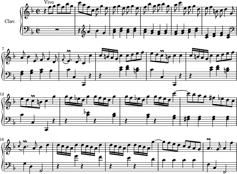 
\version "2.18.2"
\header {
  tagline = ##f
  % composer = "Domenico Scarlatti"
  % opus = "K. 168"
  % meter = "Vivo"
}

%% les petites notes
trillC      = { \tag #'print { c8\prall } \tag #'midi { d32 c d c } }
trillEp     = { \tag #'print { e4.\prall } \tag #'midi { f32 e f e~ e4 } }
trillBesp   = { \tag #'print { bes4.\prall } \tag #'midi { c32 bes c bes~ bes4 } }
trillAp     = { \tag #'print { a4.\prall } \tag #'midi { bes32 a bes a~ a4 } }

upper = \relative c'' {
  \clef treble 
  \key f \major
  \time 2/2
  \tempo 2 = 58
  \set Staff.midiInstrument = #"harpsichord"
  \override TupletBracket.bracket-visibility = ##f

      s8*0^\markup{Vivo}
      r4 f8 g a f bes g | c a f c d g4 e8 | f g4 e8 f g4 e8 |
      % ms. 4
      f8 bes4 g8 a bes4 g8 | a c4 e,8 f g4 d8 | e f4 b,8 c d4 g,8 | a bes4 e,8 f g4 d8 |  
      % ms. 8
      \appoggiatura f8 \trillEp d8 c4 c' | c16 b a g c4 c8 d e f | e d \trillC b8 c4 c | c16 b a g c4 c8 d e f |
      % ms. 12
      e d \trillC b8 c4 g' | \repeat unfold 3 { g16 f ees d g4 } g16 f ees d c'4~ | c8 bes a g fis ees d c |
      % ms. 16
      \appoggiatura c8 \trillBesp a8 bes4 d | \repeat unfold 3 { d16 c bes a d4 }  d16 c bes a g'4~ | g8 f e d c bes a g |
      % ms. 20
      \trillAp g8 a4 f' |

}

lower = \relative c' {
  \clef bass
  \key f \major
  \time 2/2
  \set Staff.midiInstrument = #"harpsichord"
  \override TupletBracket.bracket-visibility = ##f

    % ************************************** \appoggiatura a8  \repeat unfold 2 {  } \times 2/3 { }   \omit TupletNumber 
      R1 | r4   \clef treble  a'4 bes g | \repeat unfold 2 { < a c >4 < bes d > } |
      % ms. 4
      < a c >4 < g bes > < f a >  < g bes > | < f a > < g bes > < a c > < bes d > | < c, e > < d f > < e g > < c e > |   \clef bass < f, a > <  g bes > < a c > bes |
      % ms. 8
      c4 c, c, r4 | \repeat unfold 2 { r4 < c'' e >4 < d f > < b d > |
      % ms. 12
      c4 c, c, r4 } | r4 < c'' ees > r4 < bes d > | r4 < a c > r4 < g bes > | < fis a > q q q |
      % ms. 16
      g4 d g,2 | r4 g''4 r4 f4 | r4 e4 r4 d | c c c c | 
      % ms. 20
      f,4 c f,2 |

}

thePianoStaff = \new PianoStaff <<
    \set PianoStaff.instrumentName = #"Clav."
    \new Staff = "upper" \upper
    \new Staff = "lower" \lower
  >>

\score {
  \keepWithTag #'print \thePianoStaff
  \layout {
      #(layout-set-staff-size 17)
    \context {
      \Score
     \override SpacingSpanner.common-shortest-duration = #(ly:make-moment 1/2)
      \remove "Metronome_mark_engraver"
    }
  }
}

\score {
  \keepWithTag #'midi \thePianoStaff
  \midi { }
}
