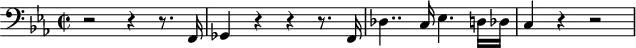 
\header {
  tagline = ##f
}

\score {
  \new Staff \with {

  }
<<
  \relative c {
    \clef treble
    \key ees \major
    \time 2/2
    \tempo 2 = 60
    \override TupletBracket #'bracket-visibility = ##f 
    %\autoBeamOff
    \set Staff.midiInstrument = #"string ensemble 1"

     %%%%%%%%%%%%%%%%%%%%%%%%%% AB 8-1 th1
     \clef bass r2 r4 r8. f,16 ges4 r4 r4 r8. f16 des'4.. c16 ees4. d!16 des c4 r4 r2 %%%% r2 r4 r8. d!16 ees4

  }
>>
  \layout {
    \context { \Score \remove "Metronome_mark_engraver"
    }
  }
  \midi {}
}
