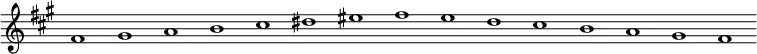 \new Staff {
\relative c' {
\key fis \minor
\override Staff.TimeSignature #'stencil = ##f
\override Staff.BarLine #'stencil = ##f
fis1 gis a b cis dis eis fis e d cis b a gis fis
}
}
\midi {
\context {
\Score
tempoWholesPerMinute = #(ly:make-moment 120 1)
}
}