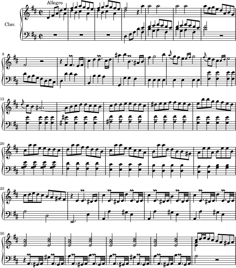 
\version "2.18.2"
\header {
  tagline = ##f
  % composer = "Domenico Scarlatti"
  % opus = "K. 312"
  % meter = "Allegro"
}

%% les petites notes
trillFisp      = { \tag #'print { fis4.\prall } \tag #'midi { g32 fis g fis~ fis4 } }
trillDp        = { \tag #'print { d4.\prall } \tag #'midi { e32 d e d~ d4 } }
trillBpDown    = { \tag #'print { b,4.\prall } \tag #'midi { cis32 b cis b~ b4 } }
aTrill         = { \tag #'print { a,8.\prall gis32 a } \tag #'midi { b32 a b a~ a16 gis32 a } }
eTrill         = { \tag #'print { e,8.\prall dis32 e } \tag #'midi { dis32 e dis e~ e16 dis32 e } }
trillEp        = { \tag #'print { e4.\prall } \tag #'midi { fis32 e fis e~ e4 } }

upper = \relative c'' {
  \clef treble 
  \key d \major
  \time 2/2
  \tempo 2 = 86
  \set Staff.midiInstrument = #"harpsichord"
  \override TupletBracket.bracket-visibility = ##f

      s8*0^\markup{Allegro}
      d,4 fis8 a d4 << { e4 } \\ { a,4 } >> \repeat unfold 2 { << { fis'4 g a8 g fis e } \\ { d4 b cis a } >> } |  << { fis'2 } \\ { d2 } >> r4 a'4 | \repeat unfold 4 { a2 }|
      % ms. 7
      a8 fis g e d a b g | fis2 r2 | r4 fis4 \trillFisp e16 fis | cis'4 d \trillDp cis16 d |
      % ms. 11
      ais'4 b \trillBpDown ais16 b | fis'4 g2 b4 | \appoggiatura a16 g8 fis e4 \grace {  \tempo 2 = 60 e16 fis }  \tempo 2 = 86 g2 | \appoggiatura fis16 e8 d cis4 \grace {  \tempo 2 = 60 cis16 d }  \tempo 2 = 86 e2 | \appoggiatura d16 cis8 b ais2.~ 
      % ms. 16
      ais8 b cis d d cis cis b | cis d d e e d d cis | dis e e fis fis e e dis | e b' b g g fis e d | cis a' a e e d d cis |
      % ms. 21
      d8 a' a fis fis d d b | cis a' a e e cis cis a | b a' a d, d b b gis | a e' e a, b e e b |
      % ms. 25
      cis8 d16 e d8 cis b a gis fis | r4 e4 \trillEp dis16 e | cis'4 \eTrill d'4 \eTrill | cis'4 \eTrill b'4 \eTrill |
      % ms. 29
      cis'4 \eTrill d'4 \eTrill | \repeat unfold 4 { < e a cis >2 < e b' d > }
      % ms. 34
      << { cis'8 d16 e d8 cis b a gis a } \\ { < e a >4 } >>

}

lower = \relative c' {
  \clef bass
  \key d \major
  \time 2/2
  \set Staff.midiInstrument = #"harpsichord"
  \override TupletBracket.bracket-visibility = ##f

    % ************************************** \appoggiatura a16  \repeat unfold 2 {  } \times 2/3 { }   \omit TupletNumber 
      R1*3 | d,4 fis8 a d4  << { e4 } \\ { a,4 } >> \repeat unfold 2 { << { fis'4 g a8 g fis e } \\ { d4 b cis a } >> }
      % ms. 4
      << { fis'2 } \\ { d2 } >> r2 | d8 a b g fis d e cis | d4 d' d cis | b, b' b a |
      % ms. 11
      g,4 g' g fis | \repeat unfold 8 { e4 } | \repeat unfold 4 { < fis e' >4 } | \repeat unfold 4 { < g e' >4 } | 
      % ms. 16
      \repeat unfold 4 { < gis eis' >4 } | \repeat unfold 4 { < ais fis' >4 } | \repeat unfold 4 { < a fis' >4 } | \repeat unfold 4 { < g e' >4 } | \repeat unfold 4 { < g a e' >4 } | 
      % ms. 21
      \repeat unfold 4 { < fis d' >4 } | \repeat unfold 4 { < e cis' >4 } | \repeat unfold 4 { < d b' >4 } | < cis a' >4 q < g' b > q
      % ms. 25
      a2 d, | e,2. e'4 | \repeat unfold 3 { a, a' gis e } |
      % ms. 30
      r4 \aTrill gis'4 \aTrill | a'4 \aTrill b'4 \aTrill | a'4 \aTrill gis'4 \aTrill |
      % ms. 33
      a'4 \aTrill b'4 \aTrill | a'2 r2

}

thePianoStaff = \new PianoStaff <<
    \set PianoStaff.instrumentName = #"Clav."
    \new Staff = "upper" \upper
    \new Staff = "lower" \lower
  >>

\score {
  \keepWithTag #'print \thePianoStaff
  \layout {
      #(layout-set-staff-size 17)
    \context {
      \Score
     \override SpacingSpanner.common-shortest-duration = #(ly:make-moment 1/2)
      \remove "Metronome_mark_engraver"
    }
  }
}

\score {
  \keepWithTag #'midi \thePianoStaff
  \midi { }
}
