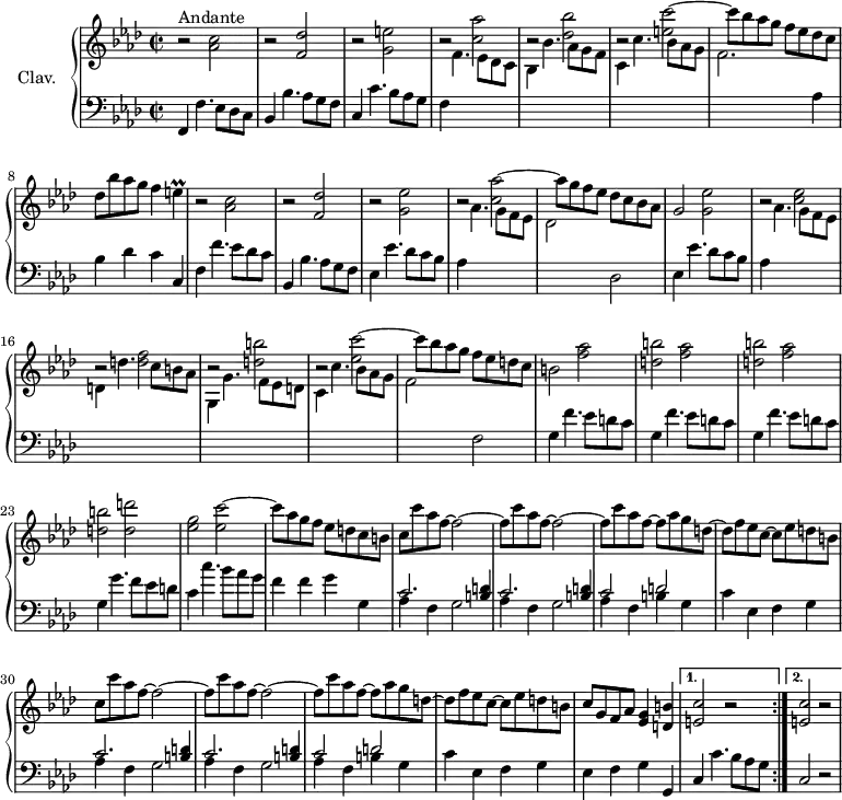 
\version "2.18.2"
\header {
  tagline = ##f
  % composer = "Domenico Scarlatti"
  % opus = "K. 185"
  % meter = "Andante"
}

%% les petites notes
trillE       = { \tag #'print { e4\prall } \tag #'midi { f32 e f e~ e8 } }

upper = \relative c'' {
  \clef treble 
  \key f \minor
  \time 2/2
  \tempo 2 = 68
  \set Staff.midiInstrument = #"harpsichord"
  \override TupletBracket.bracket-visibility = ##f

 \repeat volta 2 {
      s8*0^\markup{Andante}
      r2 < aes c >2 | r2 < f des' >2 | b2\rest < g e' >2 | b2\rest < c aes' >2 | b2\rest < des bes' >2 |  b2\rest < e c' >2~ |
      % ms. 7
      c'8 bes aes g f ees des c | des bes' aes g f4 \trillE | b2\rest < aes c >2 | b2\rest < f des' >2 | b2\rest < g ees' >2 | b2\rest < c aes' >2~ | 
      % ms. 13
      aes'8 g f ees des c bes aes | g2 < g ees' > | b2\rest < c ees > | b2\rest < d f > | b2\rest < d b' > | b2\rest < ees c' >~ |
      % ms. 19
      c'8 bes aes g f ees d c | b2  \repeat unfold 3 { < f' aes > | < d b' > } < d d' > | < ees g > < ees c' >~
      % ms. 25
      c'8 aes g f ees d c b | \repeat unfold 2 { c c' aes f~ f2~ | f8 c' aes f~ f2~ | f8 c' aes f~ f aes g d~ | d f ees c~ c ees d b }
      % ms. 34
      c8 g f aes < ees g >4 < d b' > 
      }%repet 
      \alternative { 
        { < e c' >2 r2 }
        { < e c' >2 r2 }
      }
      % ms. 37
      

}

lower = \relative c' {
  \clef bass
  \key f \minor
  \time 2/2
  \set Staff.midiInstrument = #"harpsichord"
  \override TupletBracket.bracket-visibility = ##f

 \repeat volta 2 {
    % ************************************** \appoggiatura a16  \repeat unfold 2 {  } \times 2/3 { }   \omit TupletNumber 
      f,,4 f'4. ees8 des c | bes4 bes'4. aes8 g f | c4 c'4. bes8 aes g | f4 \stemDown \change Staff = "upper" f'4. ees8 des c | bes4 bes'4. aes8 g f | c4 c'4. bes8 aes g |
      % ms. 7
      f2. \stemNeutral \change Staff = "lower" aes,4 | bes des c c, | f f'4. ees8 des c | bes,4 bes'4. aes8 g f | ees4 ees'4. des8 c bes | aes4 \stemDown \change Staff = "upper" aes'4. g8 f ees | 
      % ms. 13
      des2 \stemNeutral \change Staff = "lower" des, | ees4 ees'4. des8 c bes | aes4 \stemDown \change Staff = "upper" aes'4. g8 f ees | d4 d'4. c8 b aes | g,4 g'4. f8 ees d | c4 c'4. bes8 aes g |
      % ms. 19
      f2 \stemNeutral \change Staff = "lower" f, | \repeat unfold 3 { g4 f'4. ees8 d c } | g4 g'4. f8 ees d | c4 c'4. bes8 aes g |
      % ms. 25
      f4 f g g, | \repeat unfold 2 { \repeat unfold 2 { << { c2. < b d >4 } \\ { aes4 f g2 } >> } | << { c2 d } \\ { aes4 f b g } >> c4 ees, f g } 
      % ms. 34
      ees4 f g g,
      }%repet
      \alternative {
        { c c'4. bes8 aes g }
        { c,2 r2 }
      }
      % ms. 37
      
}

thePianoStaff = \new PianoStaff <<
    \set PianoStaff.instrumentName = #"Clav."
    \new Staff = "upper" \upper
    \new Staff = "lower" \lower
  >>

\score {
  \keepWithTag #'print \thePianoStaff
  \layout {
      #(layout-set-staff-size 17)
    \context {
      \Score
     \override SpacingSpanner.common-shortest-duration = #(ly:make-moment 1/2)
      \remove "Metronome_mark_engraver"
    }
  }
}

\score {
  \unfoldRepeats
  \keepWithTag #'midi \thePianoStaff
  \midi { }
}
