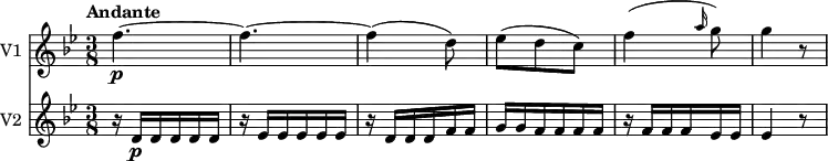 
<<
\new Staff \with { instrumentName = #"V1 "} \relative c'' {
    \version "2.18.2"
    \key bes \major 
    \tempo "Andante"
    \time 3/8
    f4. \p~ f4.~ f4 (d8)
    ees (d c)
    f4 (\grace a16 (g8)) 
    g4 r8   
}
\new Staff \with { instrumentName = #"V2 "} \relative c'' {
    \key bes \major 
    \time 3/8
     r16 d, \p [d d d d]
     r16 ees  [ees ees ees ees]
     r16 d  [d d f f]
     g g f f f f
     r16 f  [f f ees ees]
     ees4 r8
}
>>
