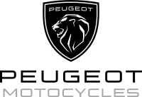 Tête de lion stylisé vu de profil. En dessous est inscrit en majuscule « Peugeot » et « Motocycles ».